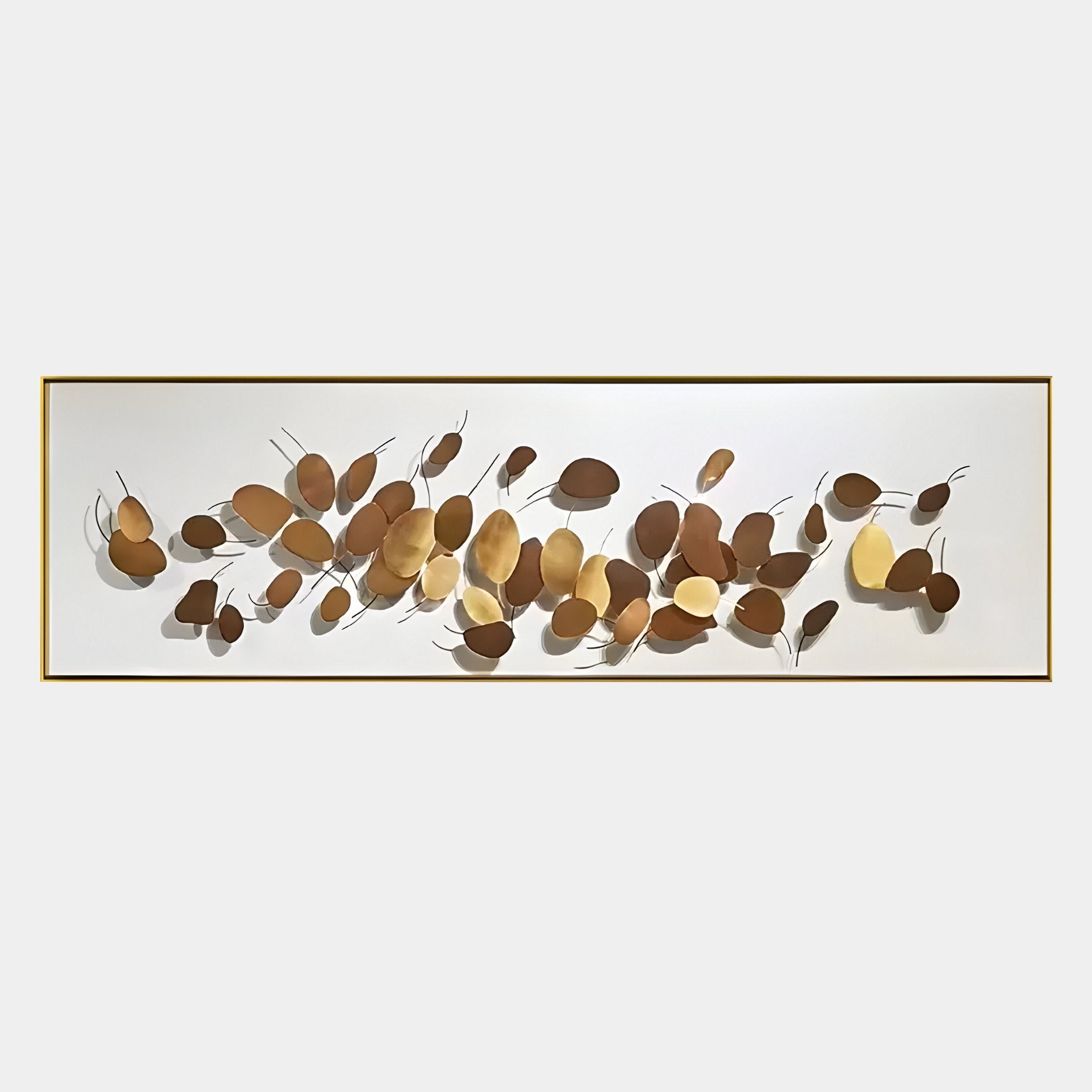 The Brassica Gold Leaf Metal Rectangular Wall Art by Giant Sculptures features metallic gold and bronze leaf shapes on white with a slim gold frame—an ideal accent for contemporary interiors.