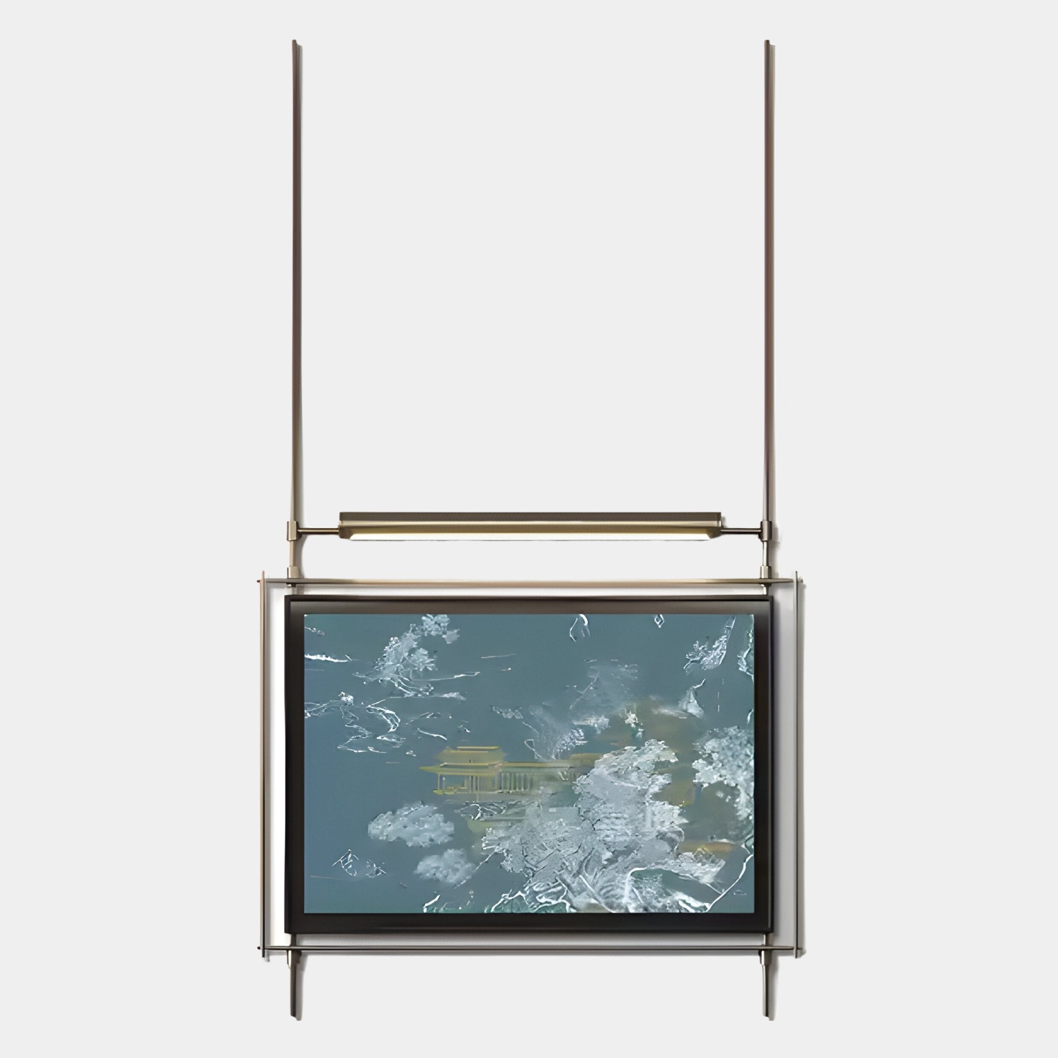 The Celestique Golden Pavilion Framed Long Hanging LED Wall Art by Giant Sculptures features a modern metallic frame with vertical suspension, showcasing a blue-gray abstract digital image created with high-definition inkjet printing and illuminated by LED.