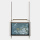 The Celestique Golden Pavilion Framed Long Hanging LED Wall Art by Giant Sculptures features a modern metallic frame with vertical suspension, showcasing a blue-gray abstract digital image created with high-definition inkjet printing and illuminated by LED.