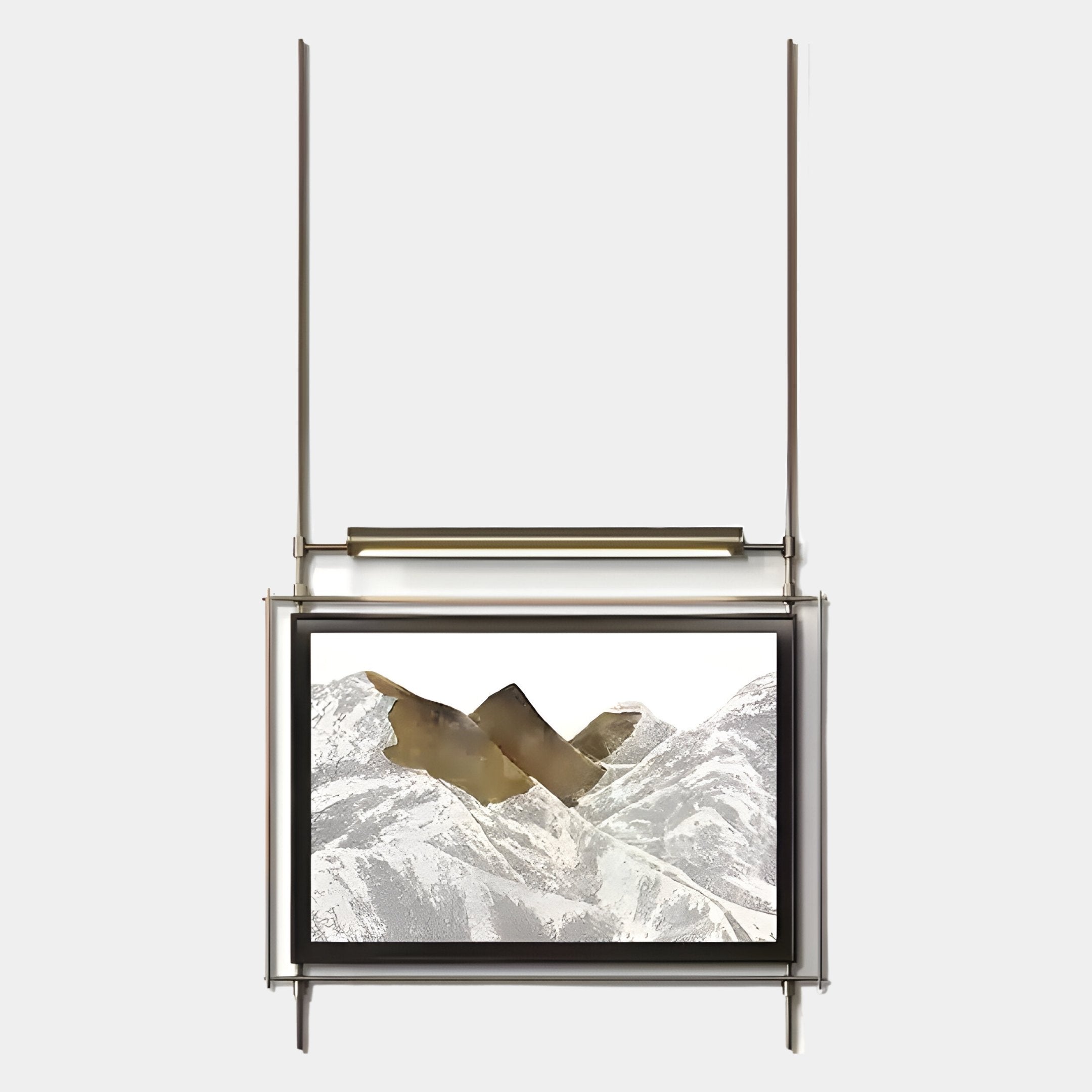 The Celestique Mountain Peaks Framed Long Hanging LED Wall Art by Giant Sculptures features snow-capped mountains with a brown abstract overlay, suspended by metal rods for a modern, minimalist display against light walls.