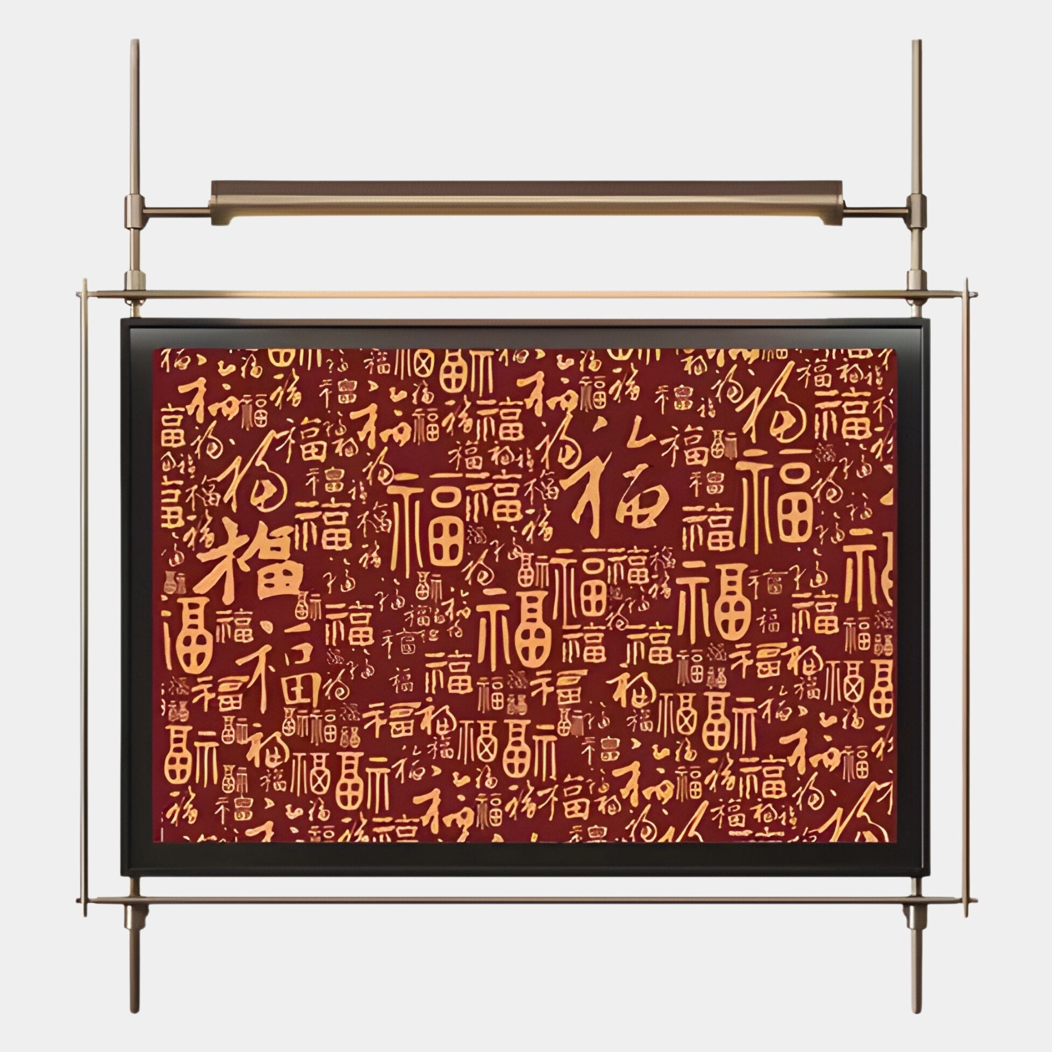 The Celestique Prosperity Script Framed LED Wall Art by Giant Sculptures features gold Chinese Fu characters in various calligraphy styles on a red background, with a gold-accented frame and built-in display light for enhanced presentation.