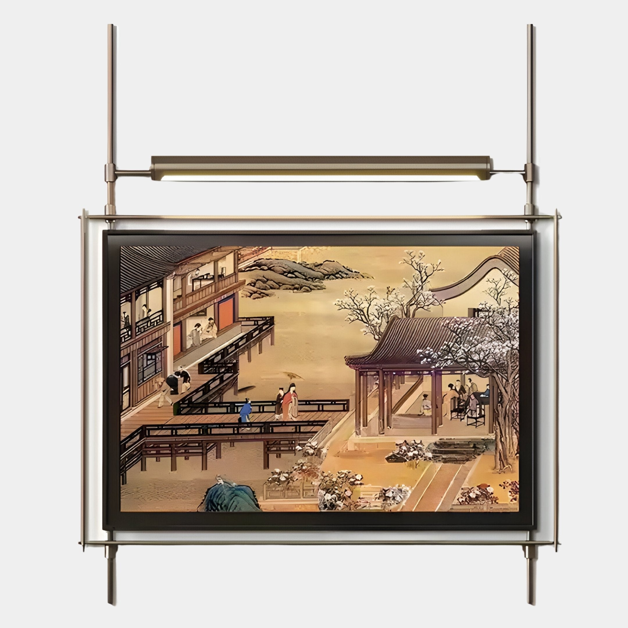 The Celestique Vintage Pavilion Bliss Framed LED Wall Art by Giant Sculptures features an elegant East Asian riverside pavilion with people in historical attire, blossoming trees, and intricate details, all illuminated in a stainless steel frame.