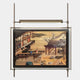 The Celestique Vintage Pavilion Bliss Framed LED Wall Art by Giant Sculptures features an elegant East Asian riverside pavilion with people in historical attire, blossoming trees, and intricate details, all illuminated in a stainless steel frame.
