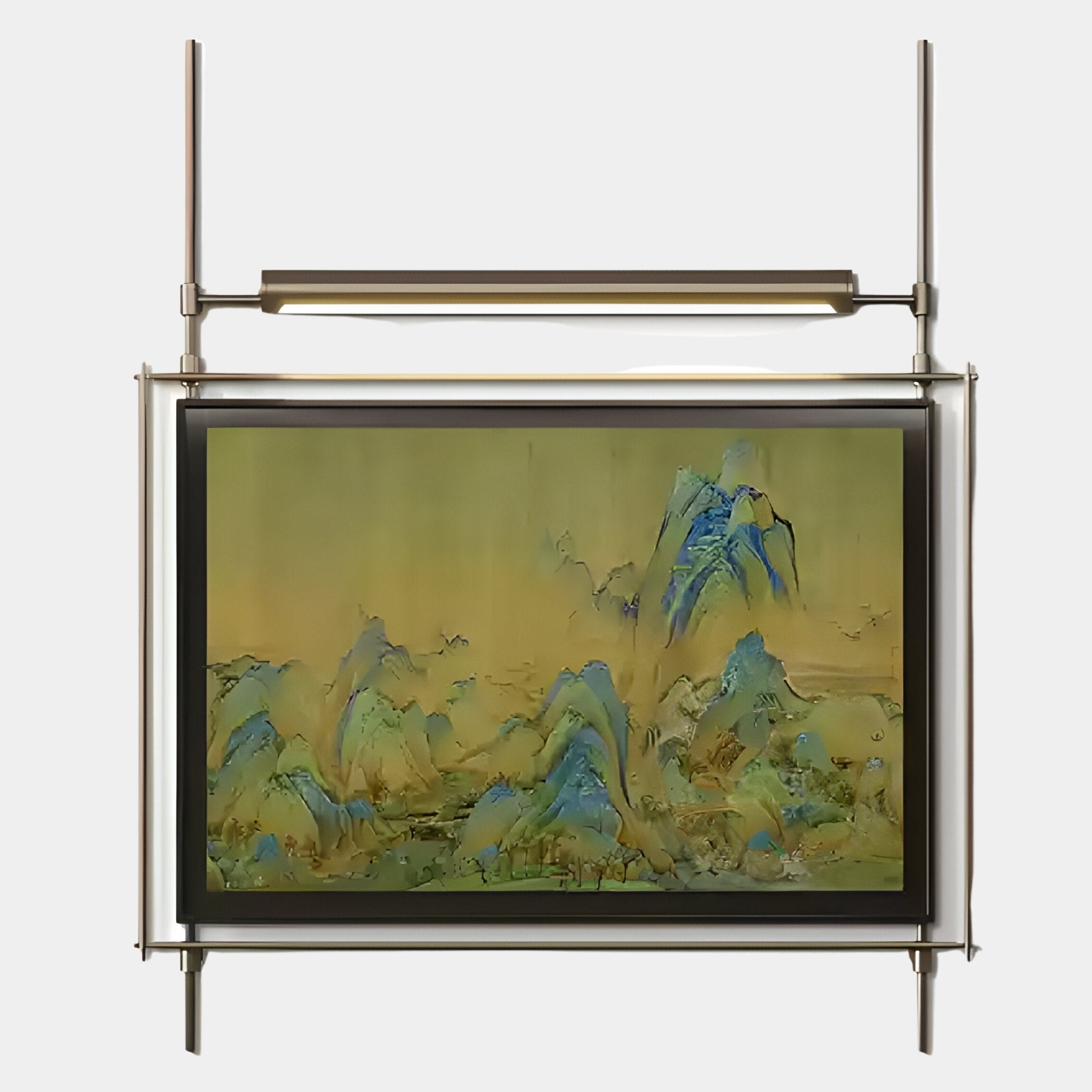 The Celestique Misty Horizons Framed LED Wall Art by Giant Sculptures features soft blue and green hills beneath a yellow sky, set in a modern metal frame with built-in LED lighting for an ambient, scenic glow.