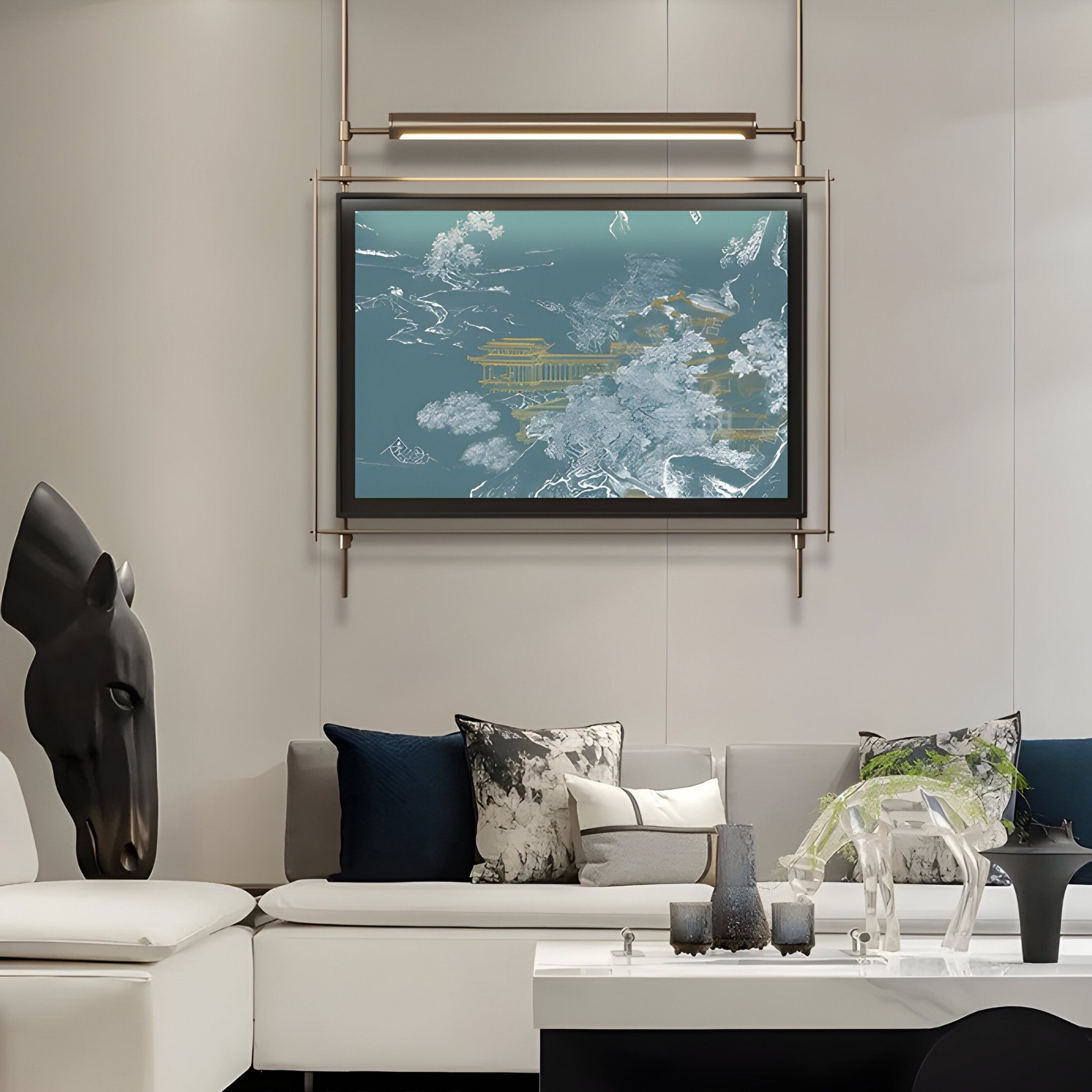 A modern living room showcases a sleek white sofa with black and white cushions, complemented by a horses head sculpture. The Celestique Golden Pavilion Framed LED Wall Art by Giant Sculptures, in blue, white, and gold with a stainless steel frame, enhances the minimalist decors sophistication.