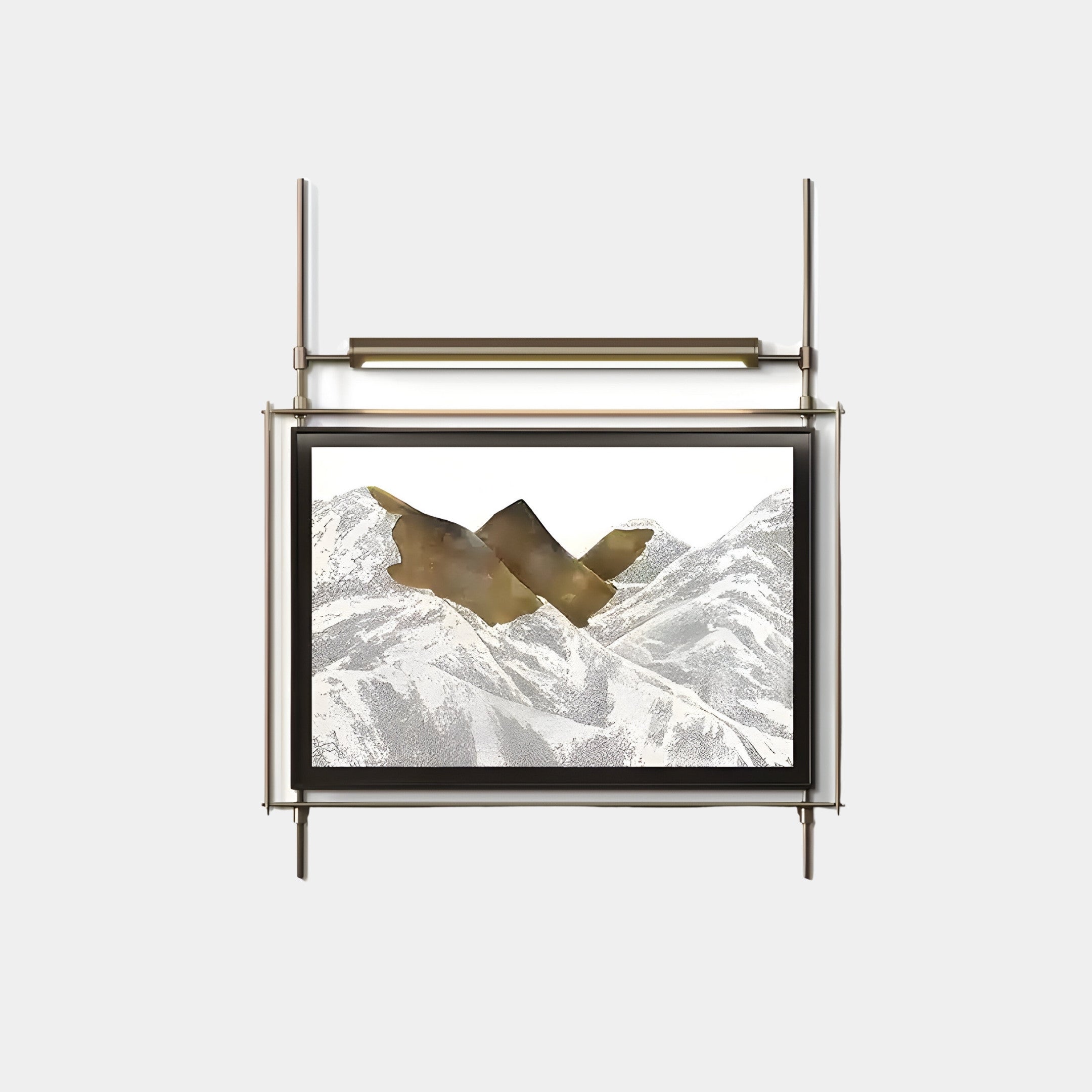 The Celestique Mountain Peaks Framed LED Wall Art by Giant Sculptures features abstract mountain ranges and a metallic sculpture. It sits elegantly on a minimalistic stainless steel stand against a plain backdrop, enhancing its contemporary allure.