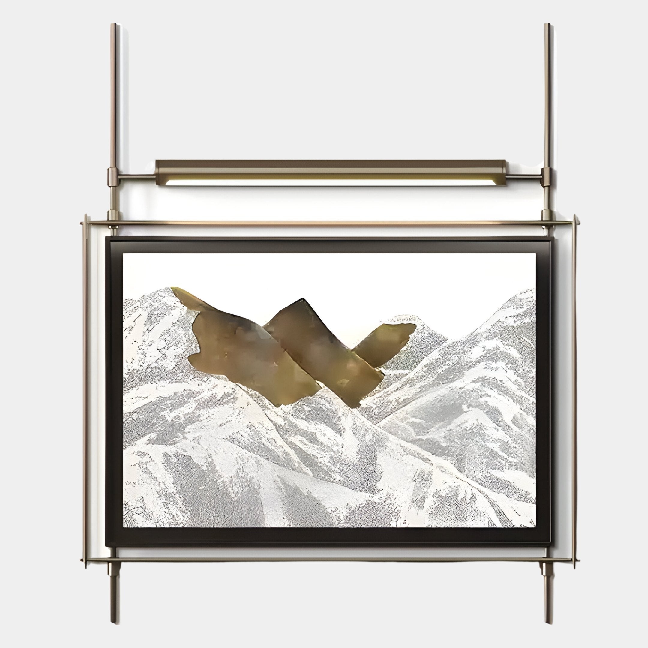 The Celestique Mountain Peaks Framed LED Wall Art by Giant Sculptures features abstract brown mountain peaks over snow-covered mountains, displayed in a modern metal frame with integrated LED lighting.