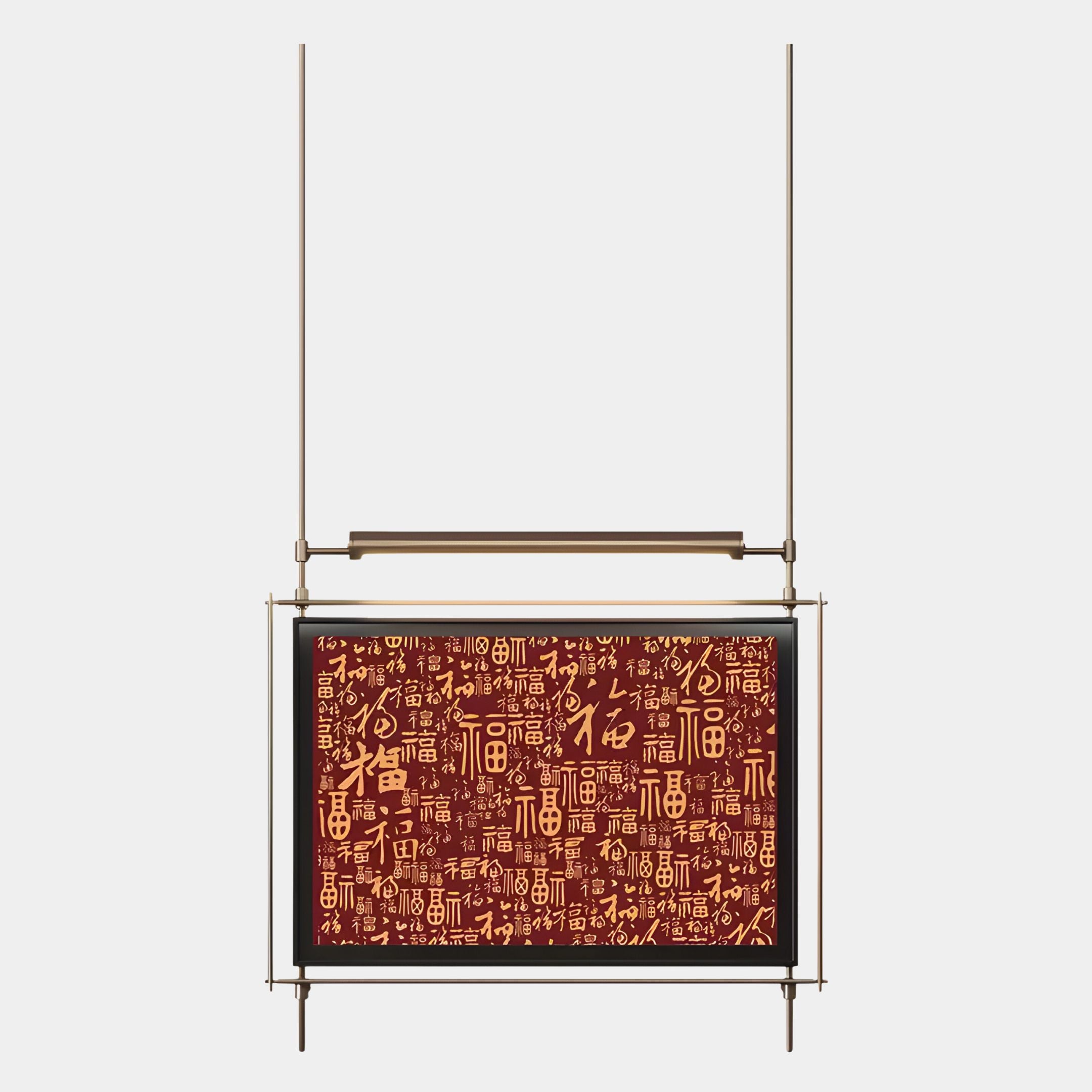 The Celestique Prosperity Script Framed Long Hanging LED Wall Art by Giant Sculptures features gold Chinese characters on a red background in a sleek metal frame with vertical and horizontal rods.