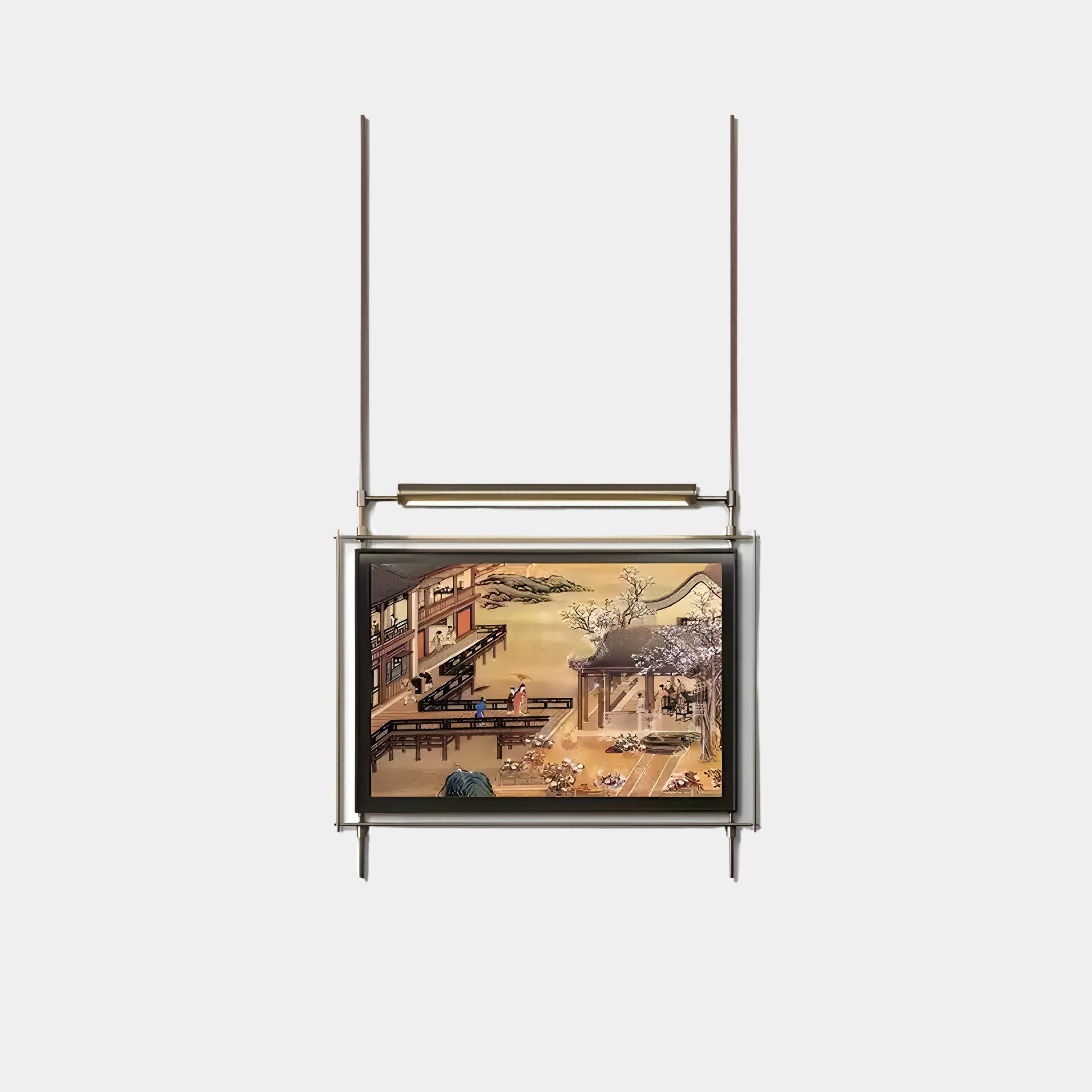 The Celestique Vintage Pavilion Bliss Framed Long Hanging LED Wall Art by Giant Sculptures showcases a serene traditional Japanese scene with people, a waterside building, and cherry blossoms. It features a minimalist vertical metal stand and warm white LED lights for elegance.