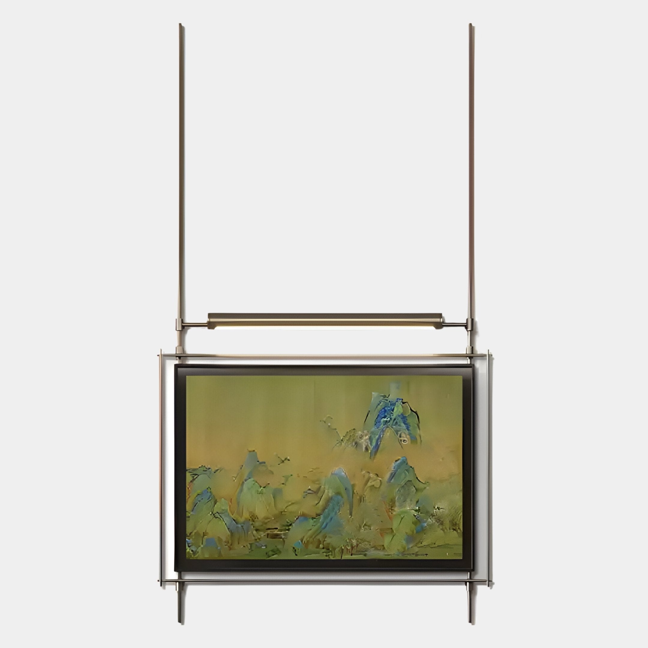 The Celestique Misty Horizons Framed Long Hanging LED Wall Art by Giant Sculptures features a metallic frame with vertical supports, displaying green and yellow abstract art with blue accents in a minimalist, contemporary design.