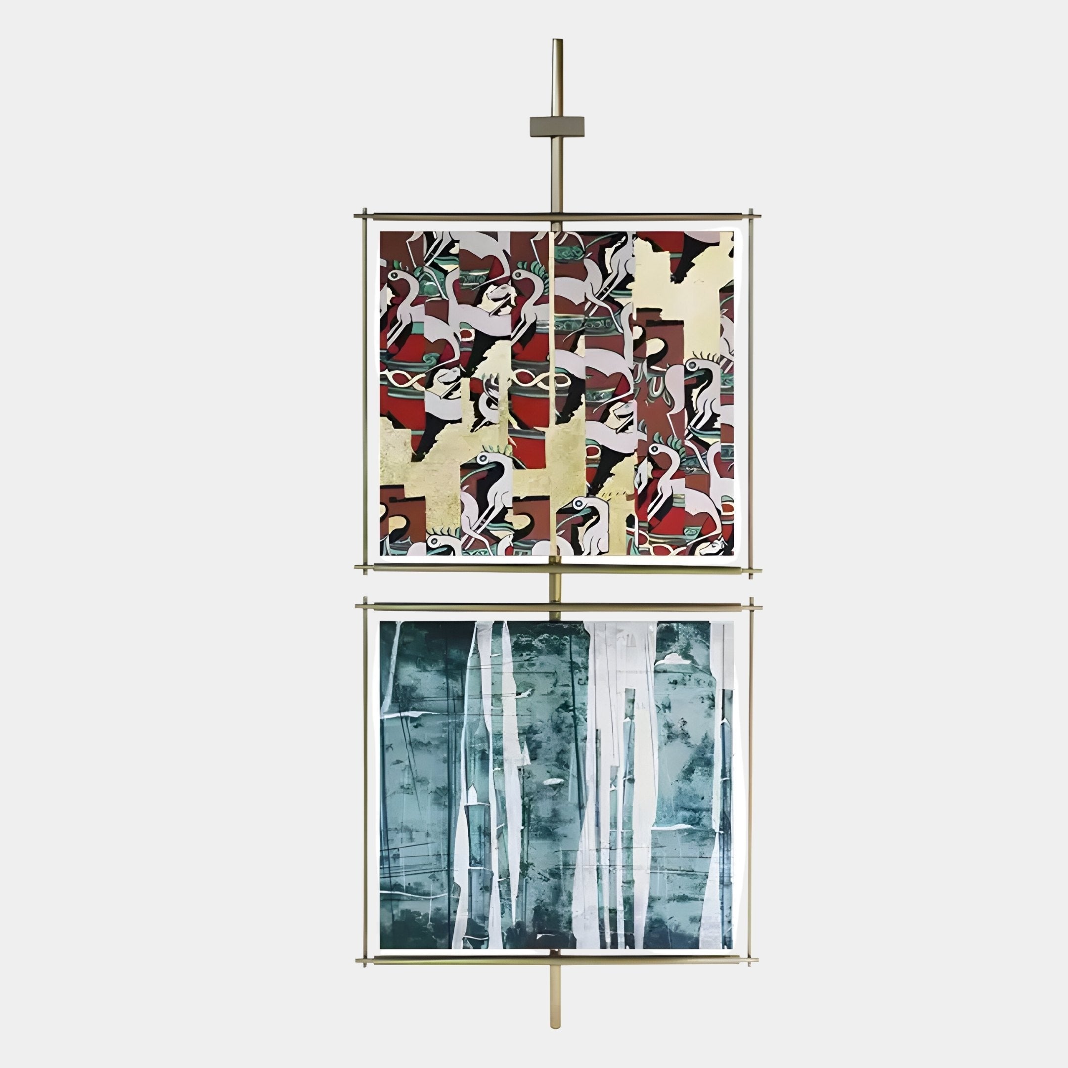 The Vortice Abstract Harmony Dual Panel Wall Art by Giant Sculptures features bold red, beige, black, and white shapes above blue-green tones with vertical white streaks in a gold frame for a modern style.
