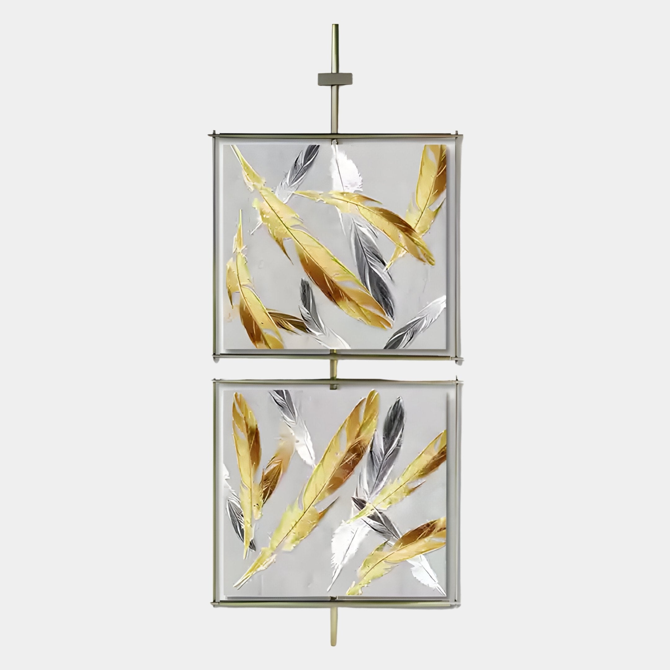 Enhance your space with the Vortice Feather Elegance Dual Panel Wall Art by Giant Sculptures, featuring two square panels with gold and silver feather motifs on white, joined by a sleek gold frame.