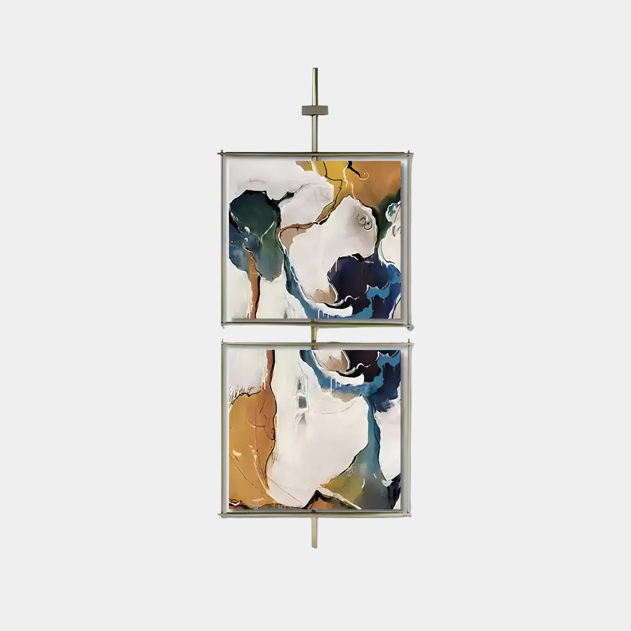 The Vortice Watercolour Abstract Dual Panel Wall Art by Giant Sculptures features fluid patterns in earthy tones and connects two square panels with a central metallic rod, offering a modern and dynamic look ideal for indoor spaces.