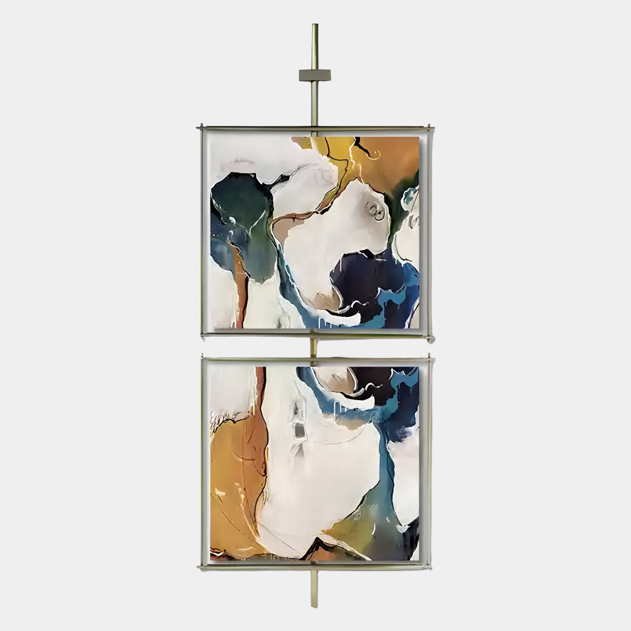 The Vortice Watercolour Abstract Dual Panel Wall Art by Giant Sculptures features two vertically stacked panels with swirling blue, green, brown, and white tones, set in slim metallic frames joined by a central metal rod against a white background.