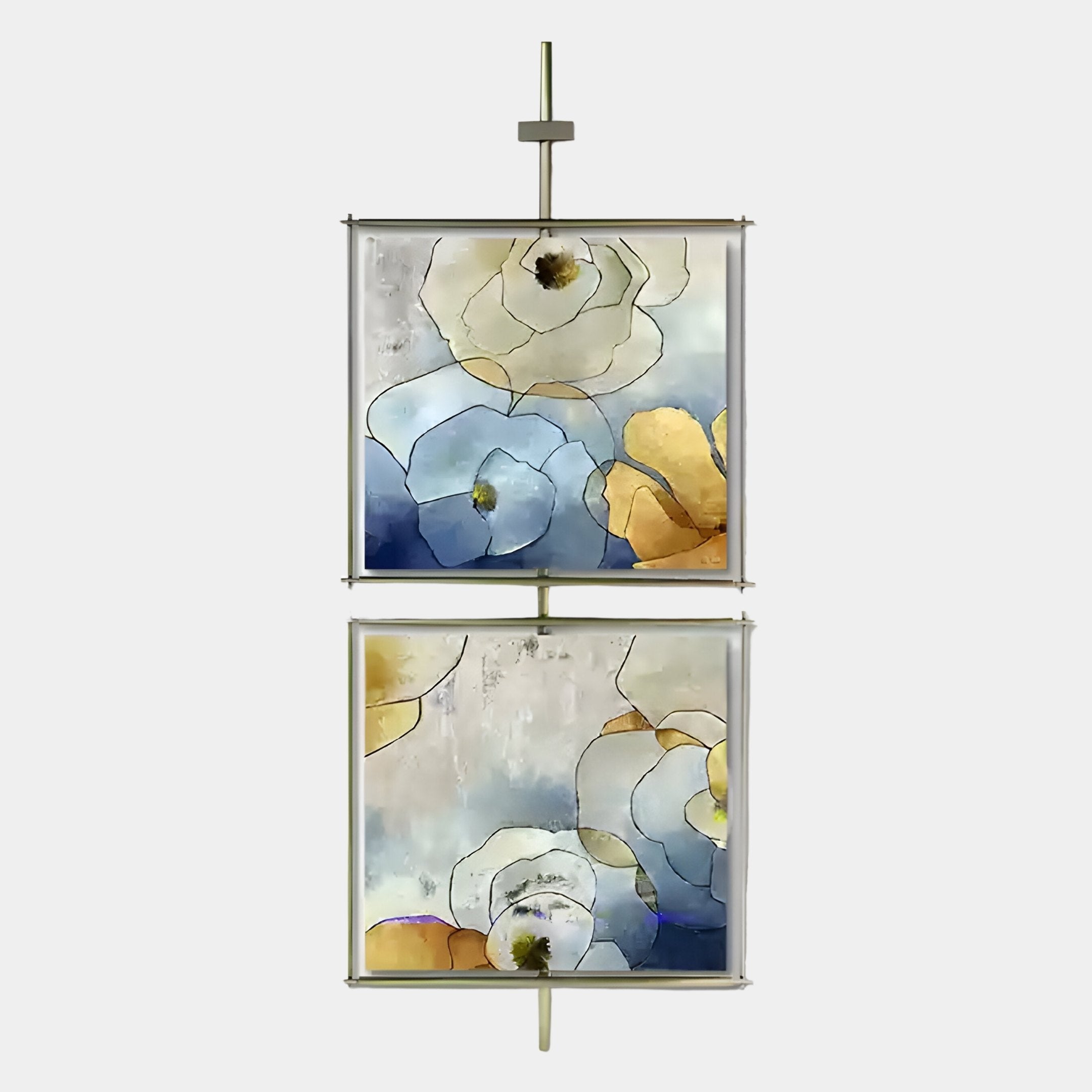 The Vortice Bloom Symphony Floral Dual Panel Wall Art by Giant Sculptures features two square abstract blue, yellow, and white floral paintings in modern gold frames, vertically connected for a striking contemporary décor accent.