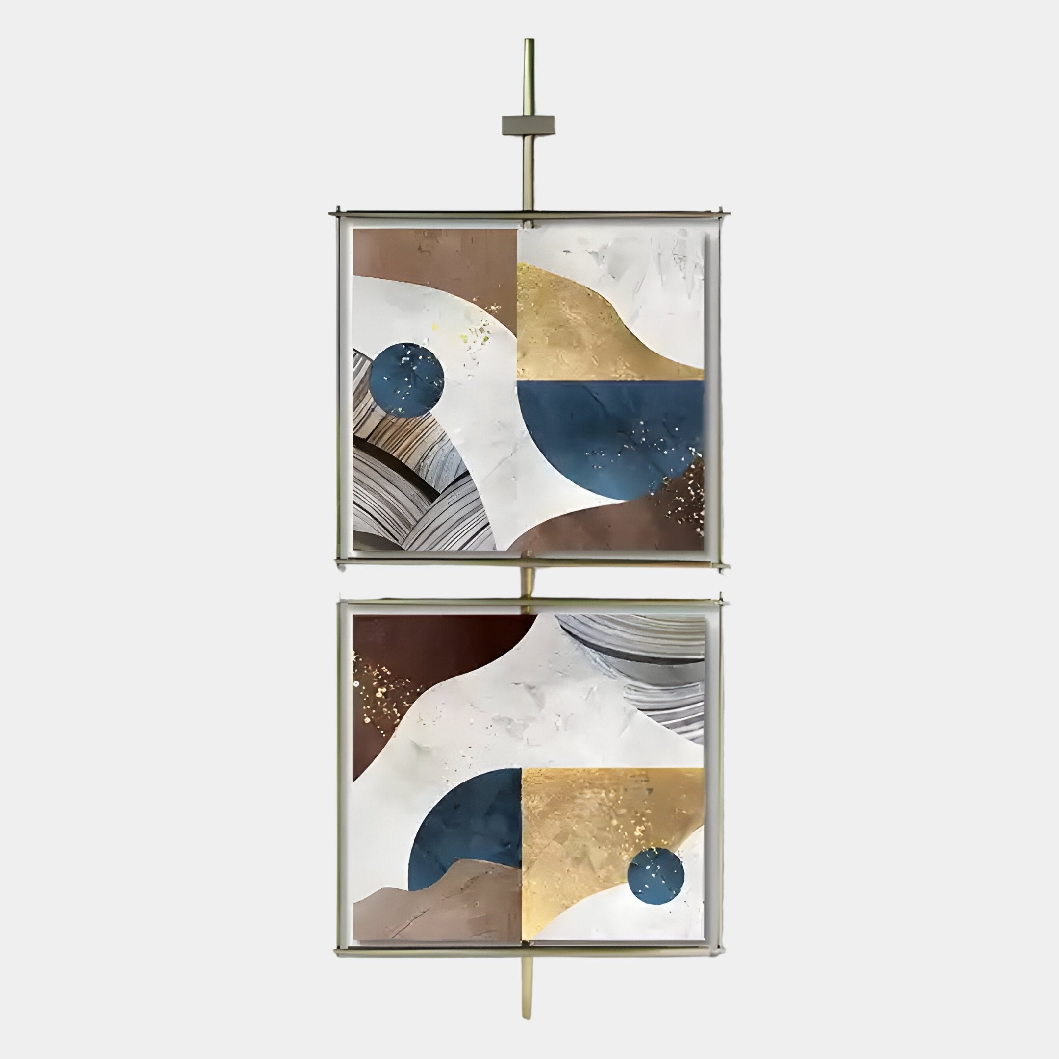 The Vortice Abstract Geometry Dual Panel Wall Art by Giant Sculptures features geometric blue, gold, white, and brown squares. Gold frames and a central rod connect the panels, creating an elegant look against a light gray background.