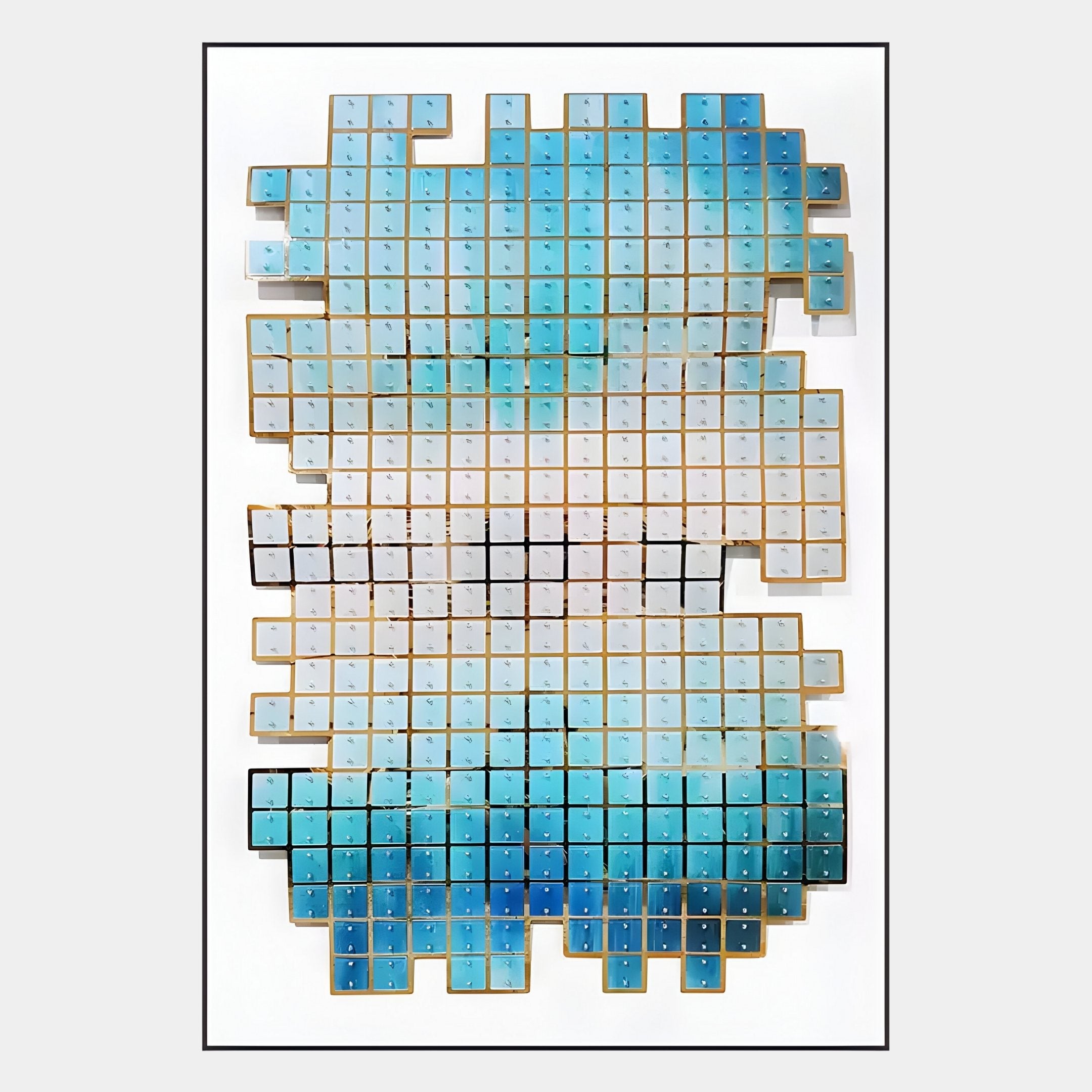 The Lumora Aqua Mosaic 3D Wall Art by Giant Sculptures features a vertical rectangle of small square tiles in blue and white, forming a reflective, abstract cloud-like image perfect for modern interiors.