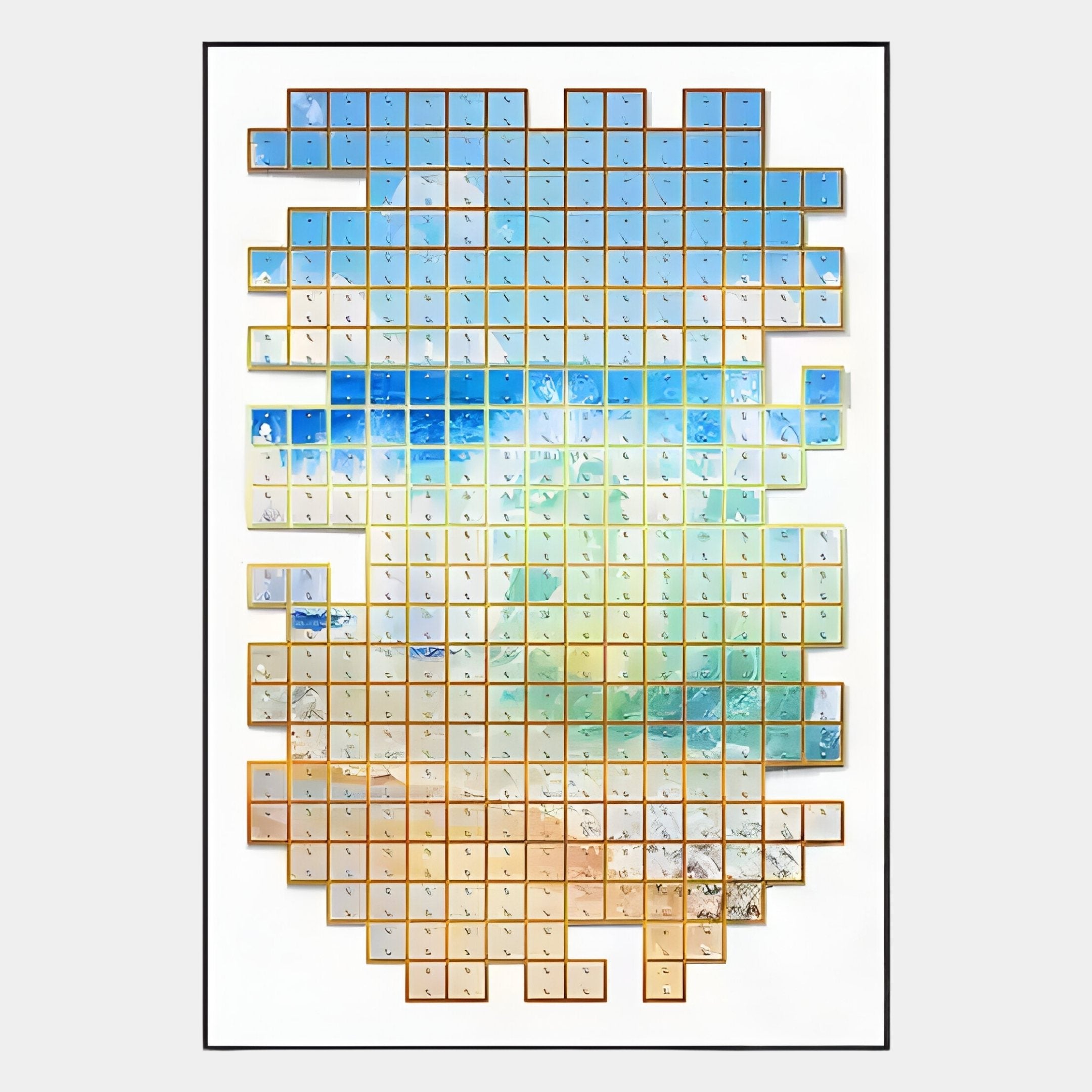 The Lumora Coastal Glow Mosaic 3D Wall Art by Giant Sculptures features small square tiles forming an abstract beach scene with a blue sky, turquoise ocean, and sandy shore for a stunning, textured centerpiece.