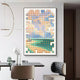 A modern dining room showcases the Lumora Sunset Breeze Mosaic 3D Wall Art by Giant Sculptures, featuring a colorful grid of sky and ocean hues. A dark table, contemporary chairs, and decorative objects complete the space.