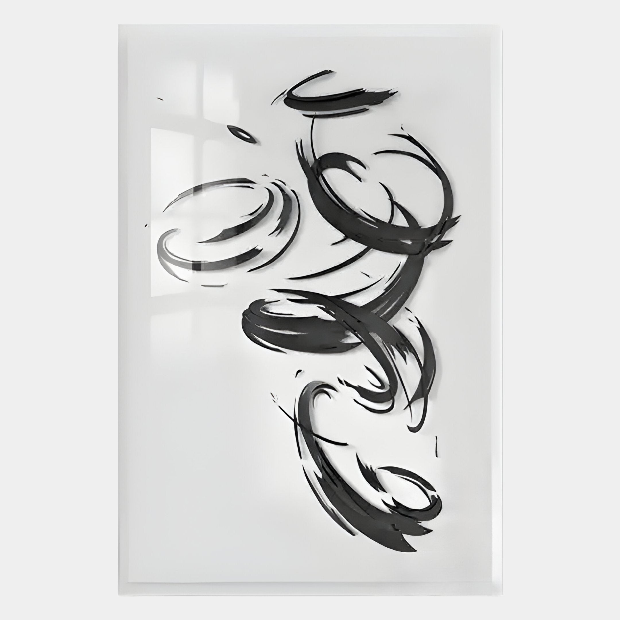 Zephyr Monochrome Motion Abstract Metal Wall Art by Giant Sculptures features bold, swirling black brushstrokes on white. Light from a window casts shadows on the piece, enhancing the depth and contrast of this modern design.