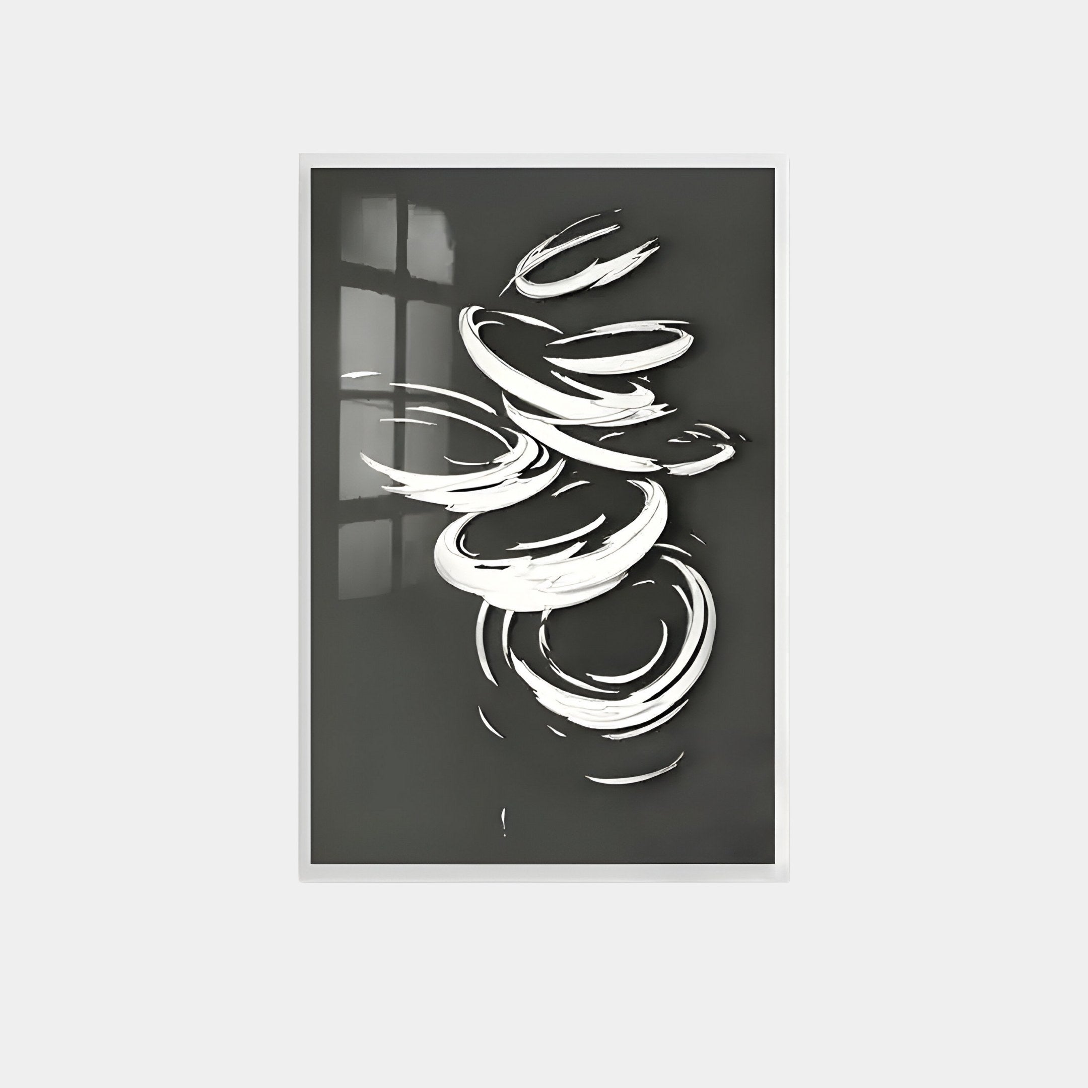 The Zephyr Monochrome Swirl Abstract Wall Art by Giant Sculptures features dynamic white brushstrokes on a dark gray backdrop, forming a spiral pattern that evokes motion, like wind or dance. This piece creates a three-dimensional effect and is crafted from premium materials.