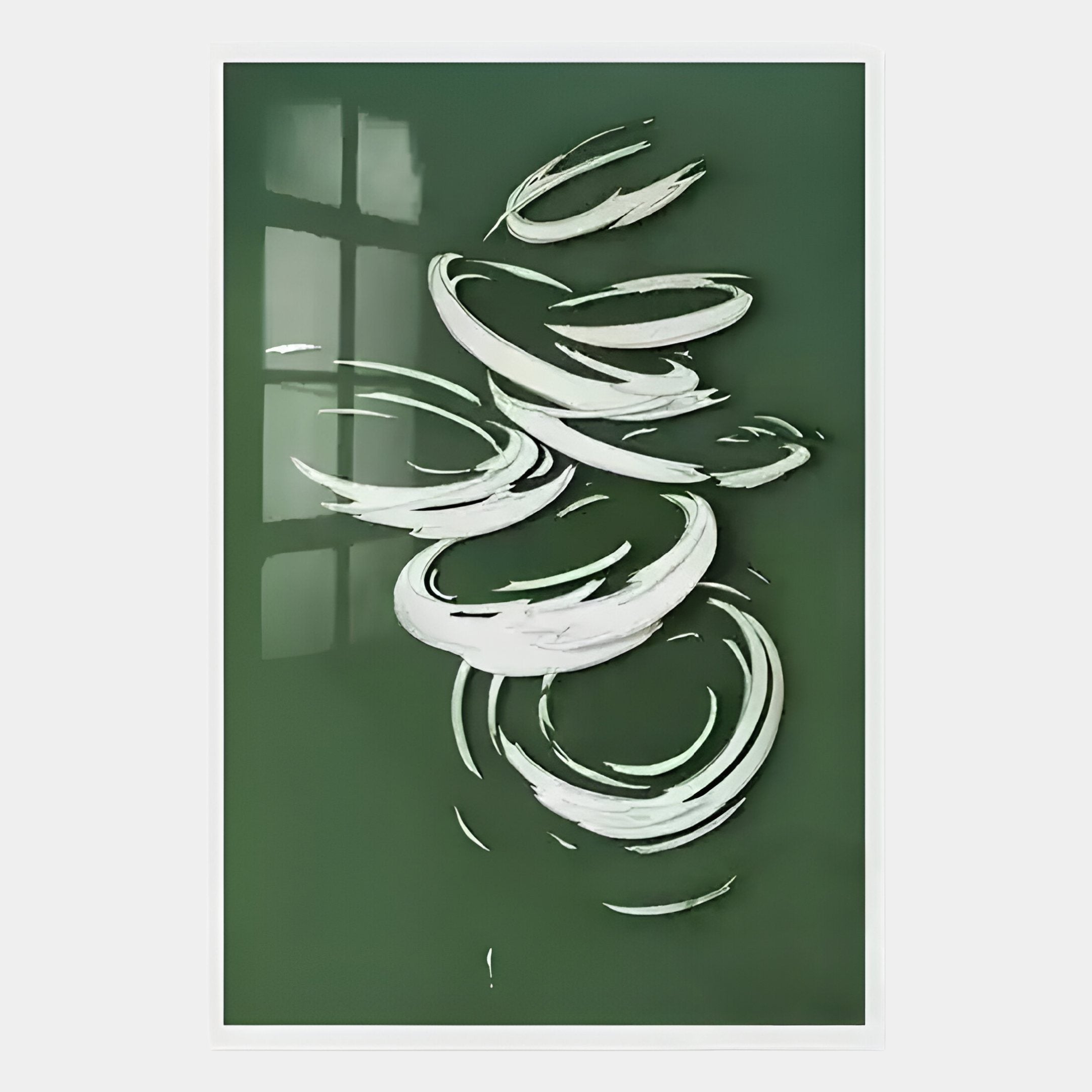 Zephyr Verdant Swirl Abstract Metal Wall Art by Giant Sculptures features white brushstroke swirls and arcs on a green background with a faint window reflection, creating a striking piece of contemporary décor.