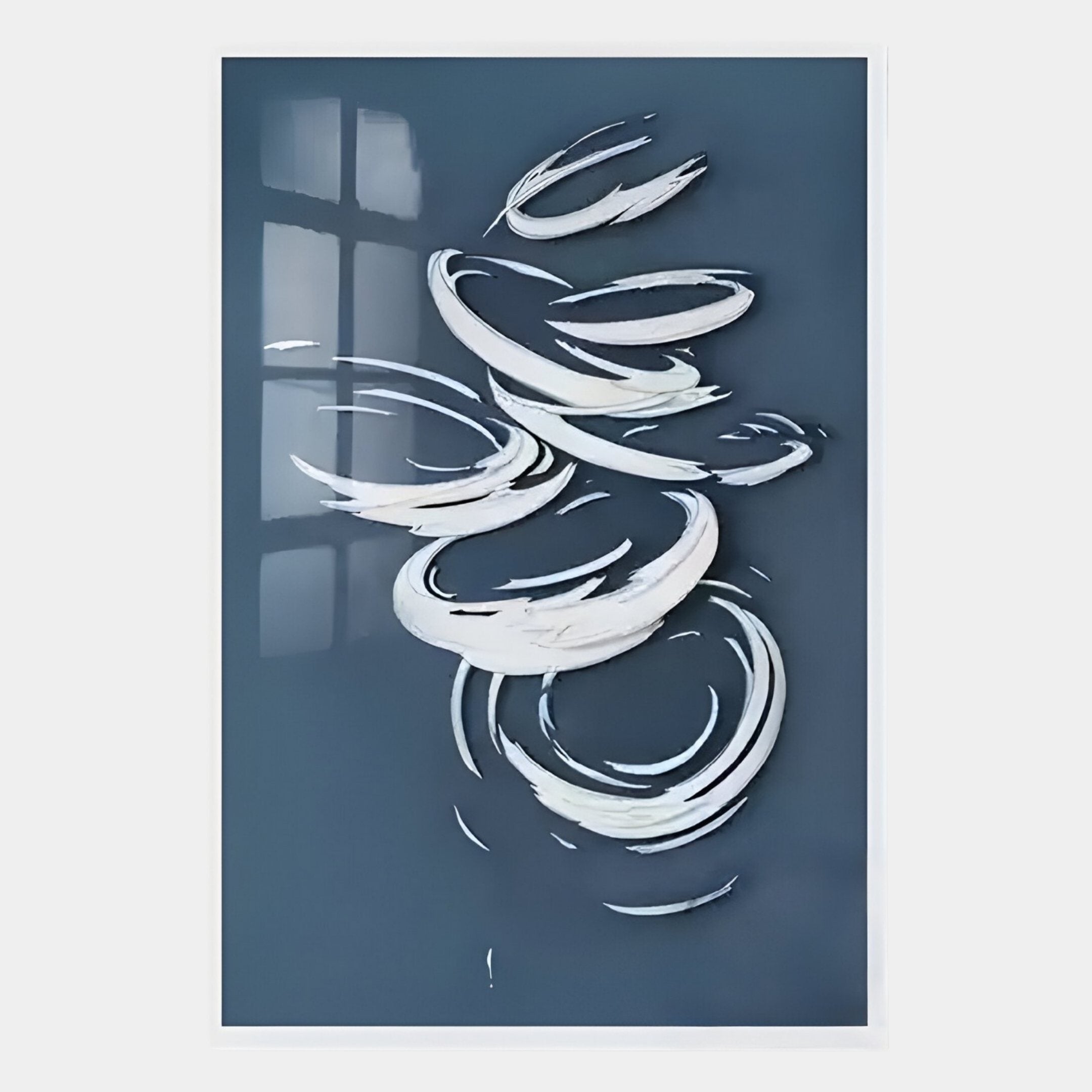 Zephyr Azure Swirl Abstract Metal Wall Art by Giant Sculptures features dynamic white brushstrokes on dark blue with a subtle window reflection—an eye-catching piece perfect for modern, contemporary spaces.