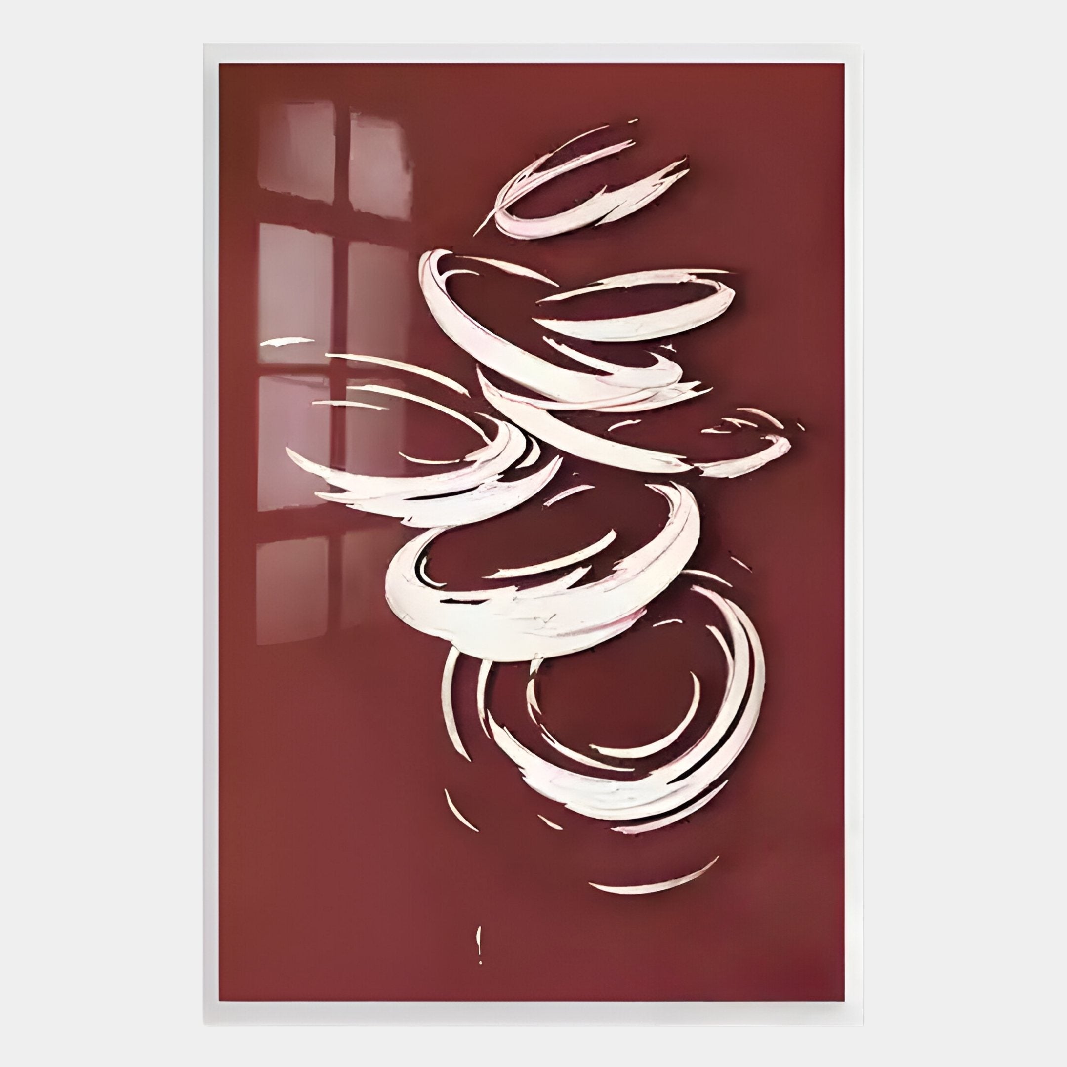 The Zephyr Crimson Swirl Abstract Metal Wall Art by Giant Sculptures features dynamic white brushstrokes on maroon with a faint window reflection—ideal for adding drama to contemporary interiors.