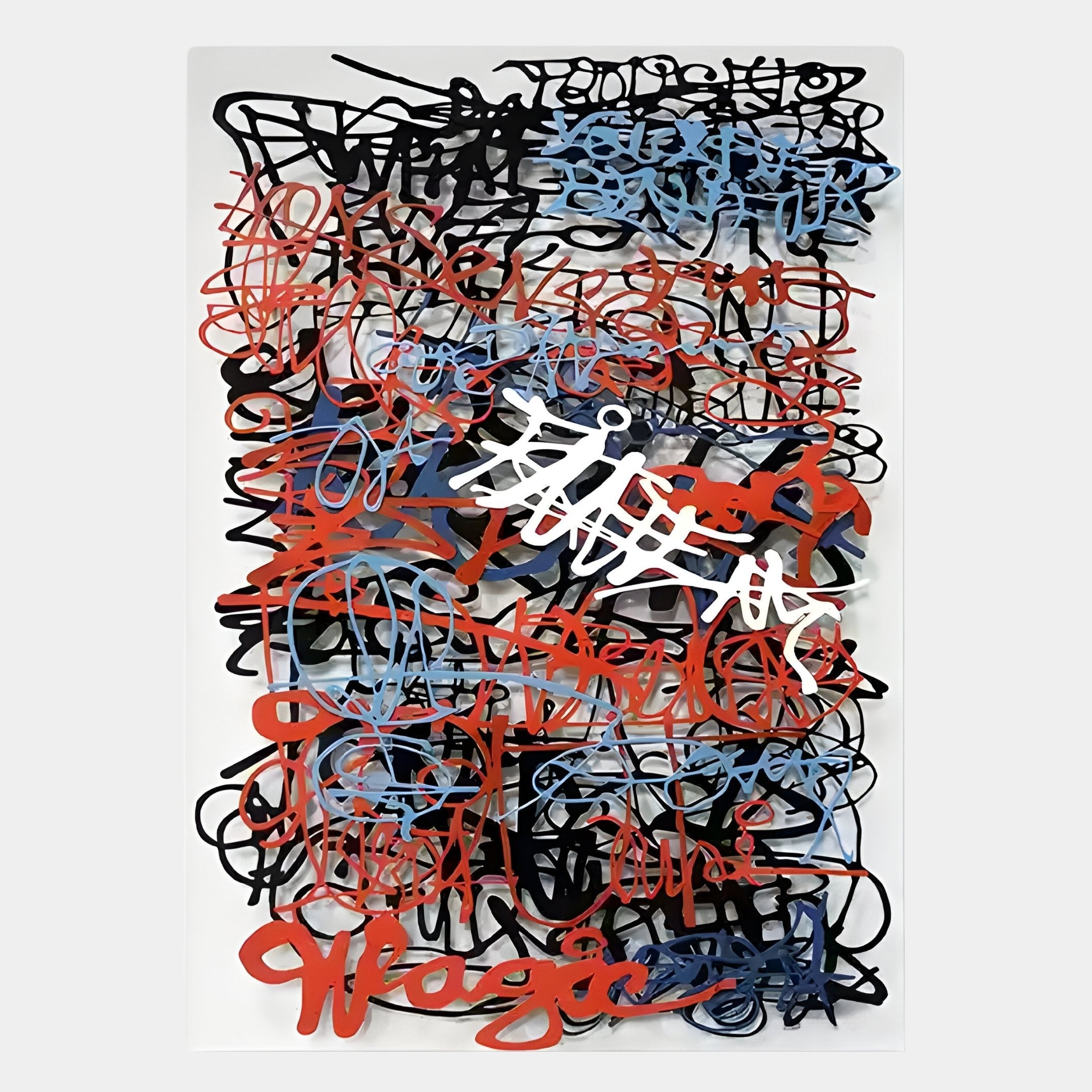 The Scriptura I Multicolour Graffiti Expression Metal Wall Art by Giant Sculptures features abstract layered scribbles and calligraphic shapes in black, red, blue, and white for a modern industrial look against a white background.