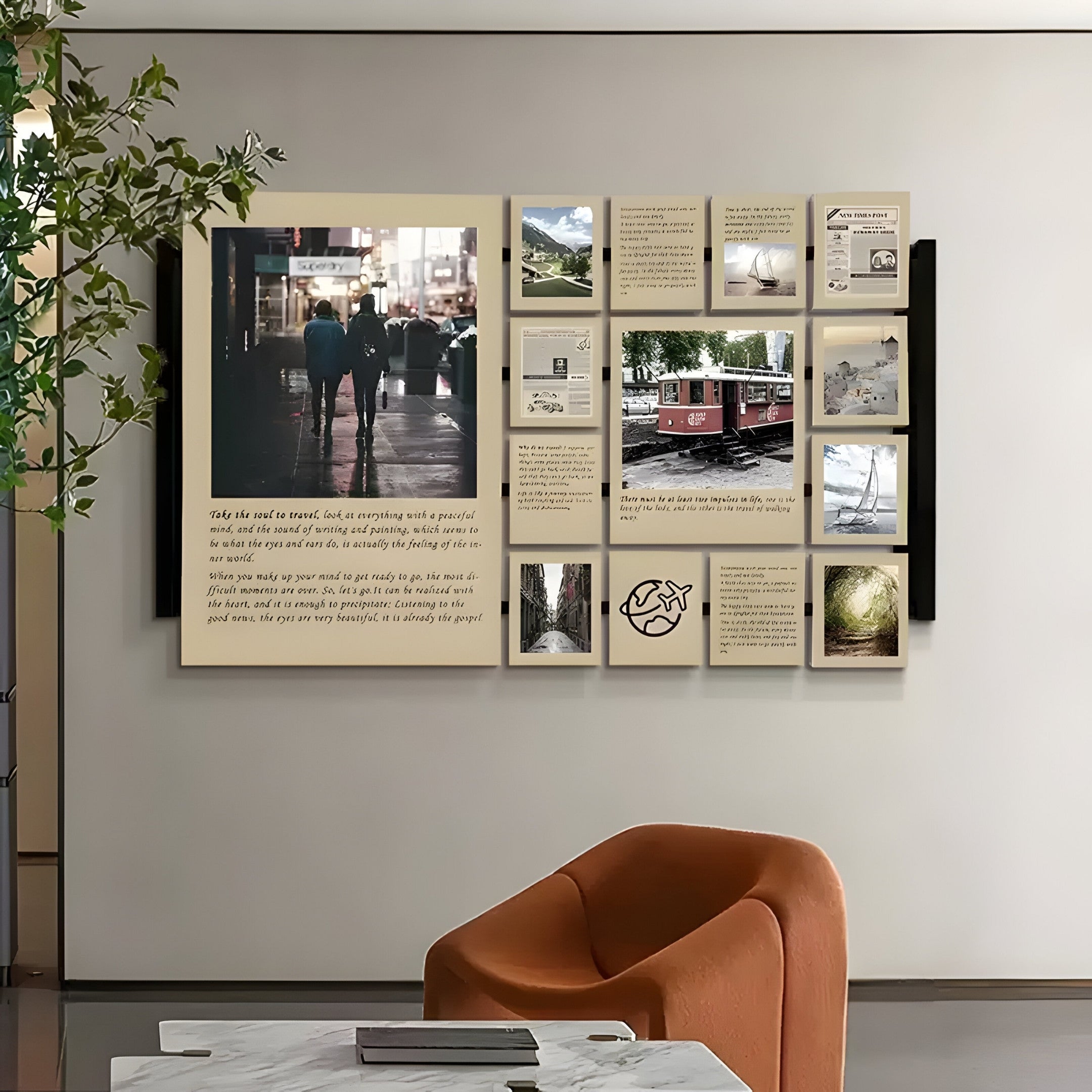 A modern living room showcases a Giant Sculptures orange chair alongside Momento, a travel-inspired reversible multi-panel wall art from Giant Sculptures. Featuring city streets, nature images, trams, and handwritten text, a potted plant on the left enhances its charm.