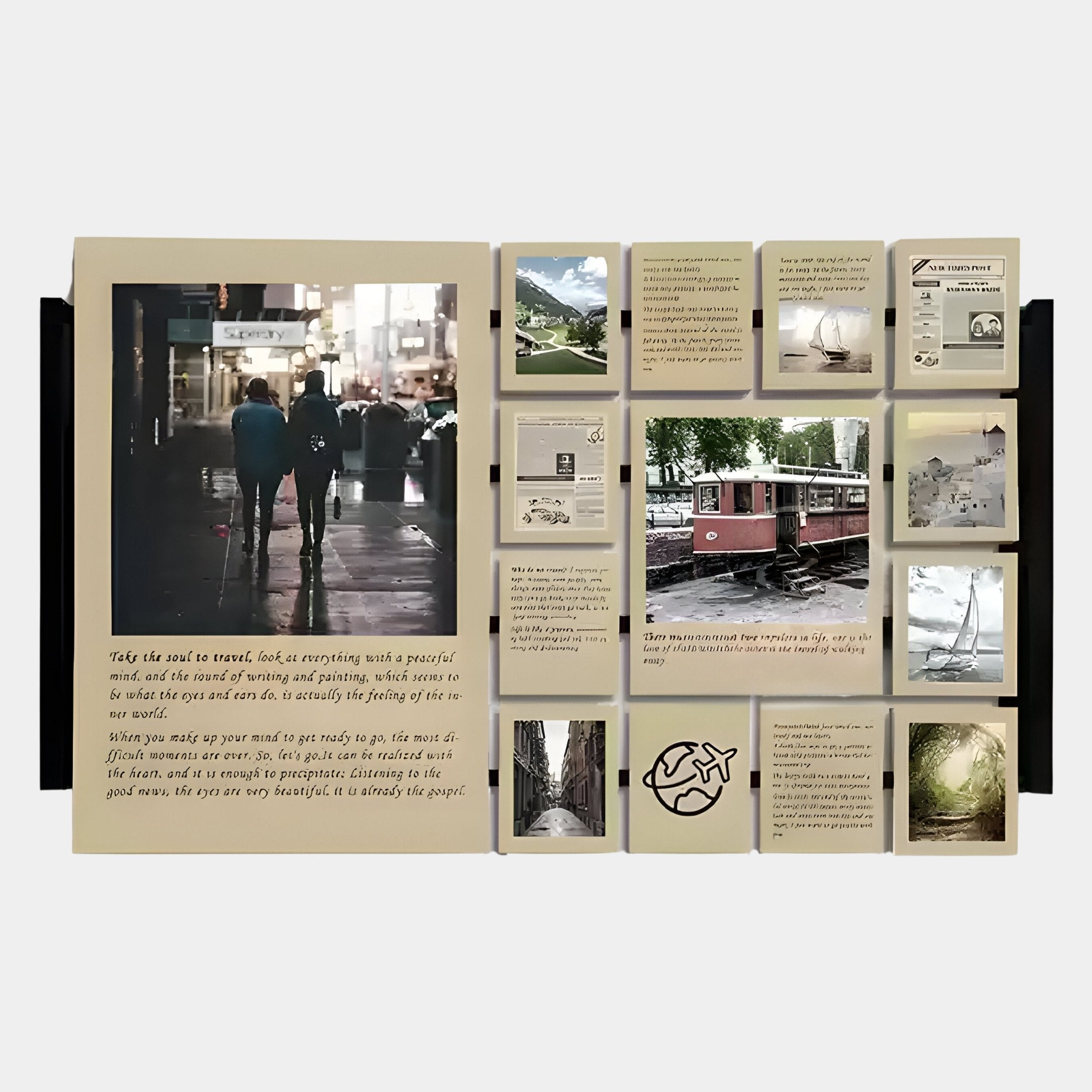 The Momento Travel-Inspired Reversible Multi-Panel Wall Art by Giant Sculptures features photos of people walking with umbrellas at night and images of boats, trains, and landscapes—ideal wanderlust decor for travel-themed spaces.