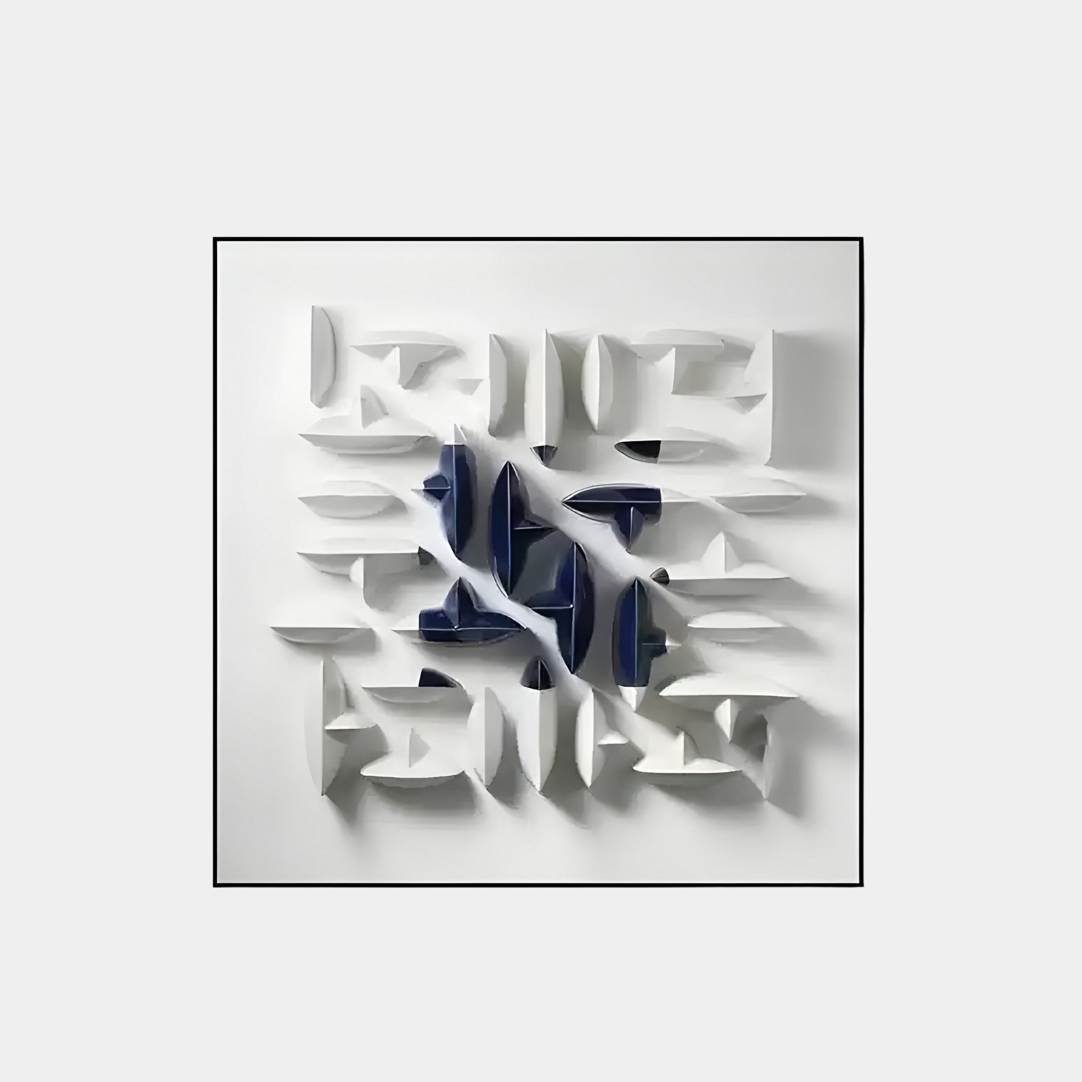 The Elysian 3D Ceramic Wall Art by Giant Sculptures showcases navy blue and white geometric 3D shapes arranged in a grid on a white background, creating depth and shadow with a dynamic, symmetrical design reminiscent of ceramic artwork.