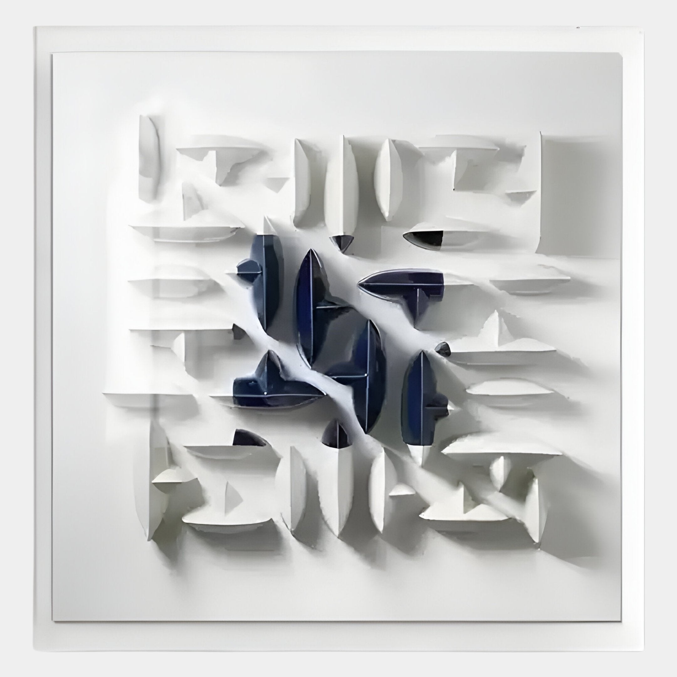 The Elysian 3D Ceramic Wall Art by Giant Sculptures features a square design with white, raised geometric shapes and sharp edges. Glossy navy blue forms in the center contrast with the matte background for a modern, sculptural look.