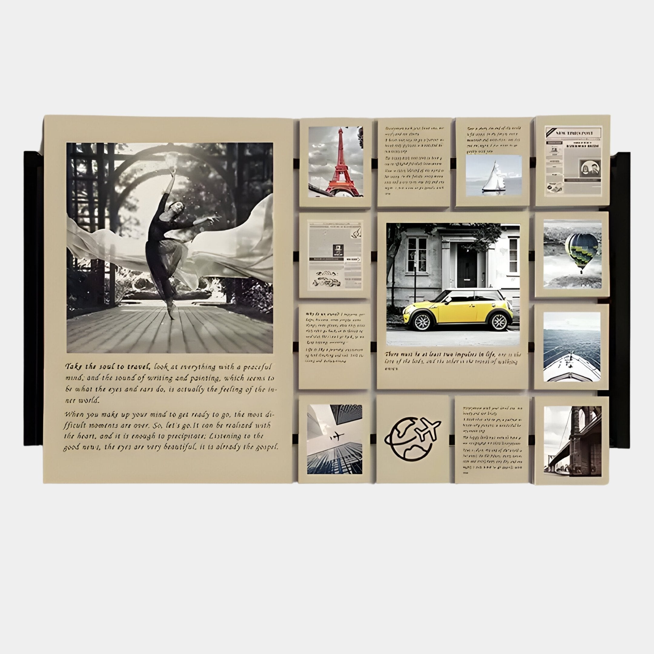 The Momento Wanderlust Reversible Multi-Panel Wall Art by Giant Sculptures features travel-themed images—a ballerina outdoors, Eiffel Tower, airplane, yellow car, sailboat, and quotes—to inspire wanderlust in your space.