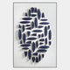 The Elysian 3D Ceramic Wall Art by Giant Sculptures showcases a modern vertical blue geometric design, featuring elongated oval and triangular pieces arranged in an abstract oval pattern on a white background.