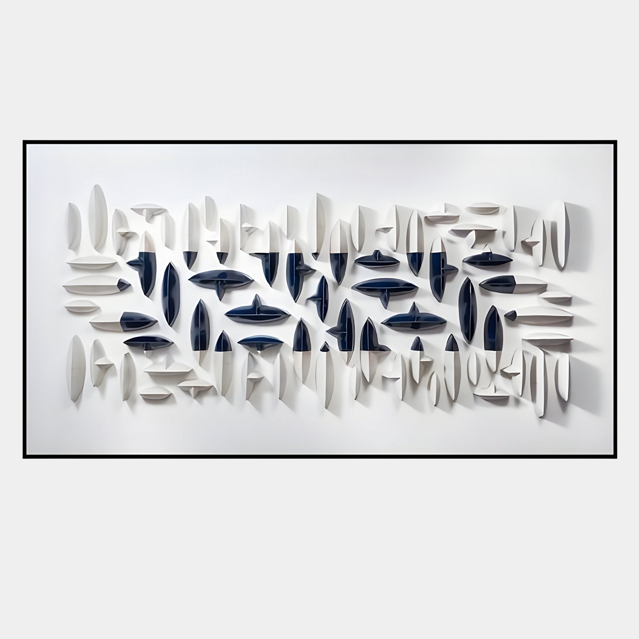 The Elysian 3D Ceramic Wall Art by Giant Sculptures features white and dark blue abstract ovals in a horizontal layered design, arranged on a white background and framed in black.