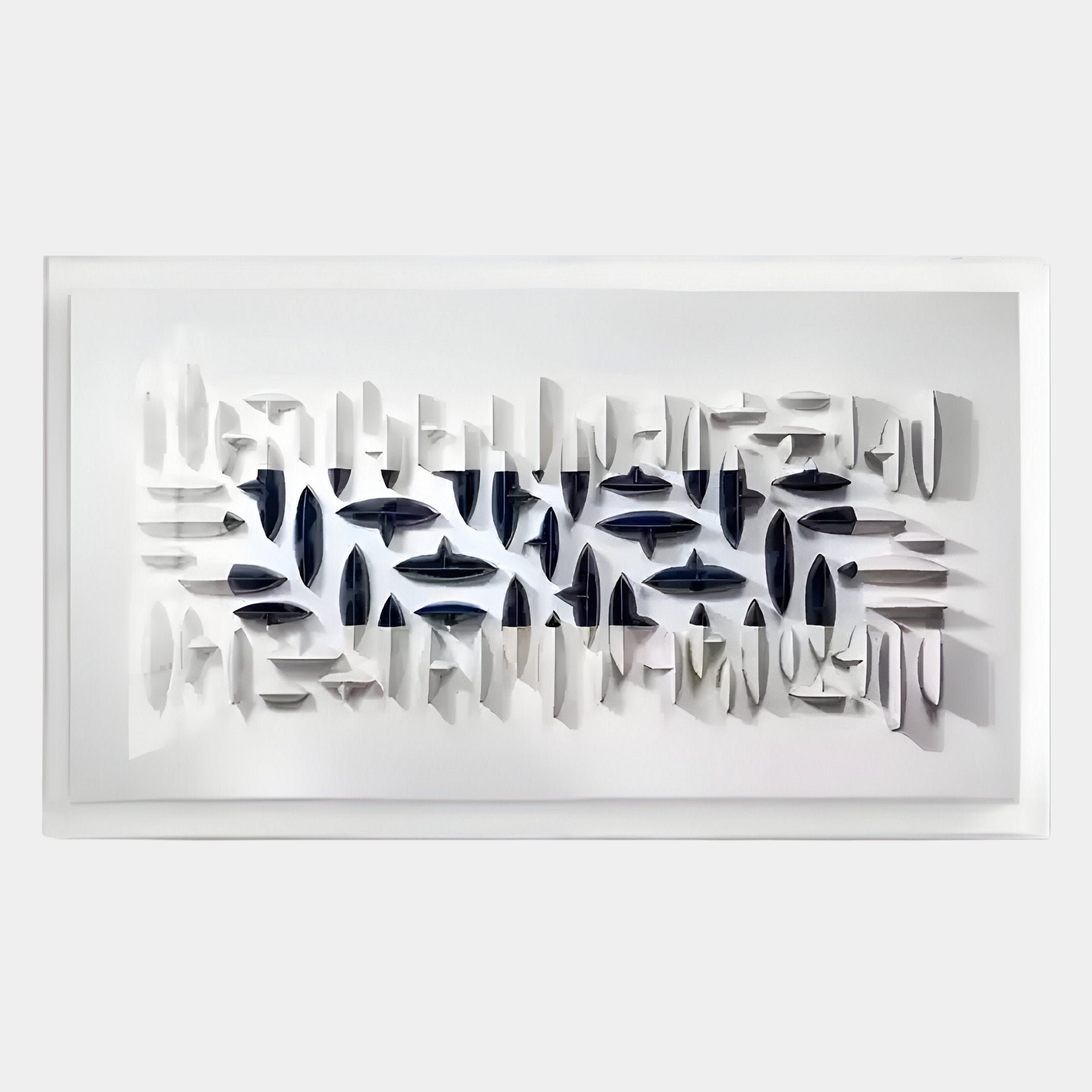 The Elysian 3D Ceramic Wall Art by Giant Sculptures features an abstract navy blue and white design with layered, sculptural shapes that create striking shadows—an ideal statement piece for contemporary interiors.