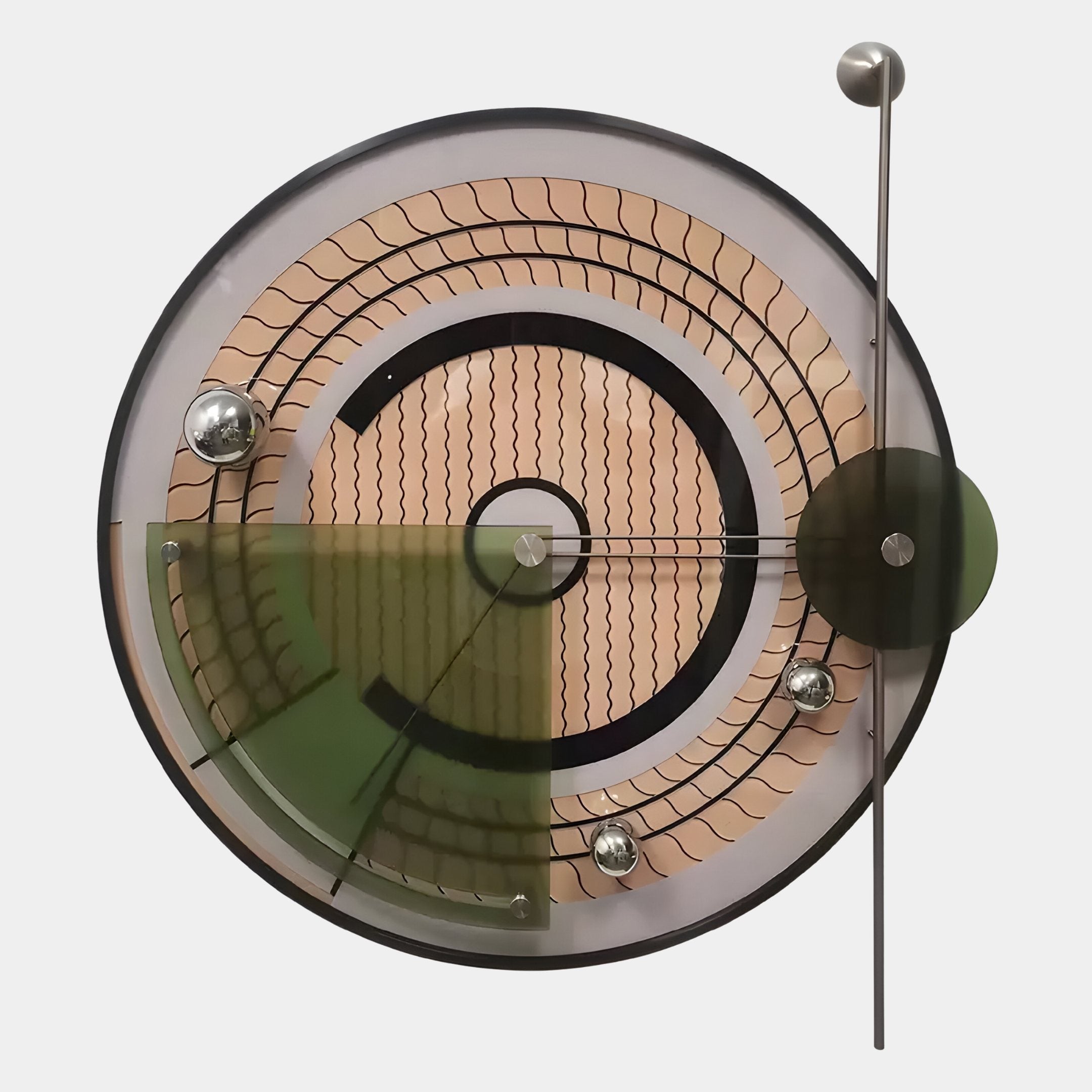 The Circulo Modern Kinetic Metal Wall Art by Giant Sculptures is a circular wall clock with abstract concentric circles, wavy lines, metallic spheres, green-tinted sections, and central hands with an extending rod for industrial decor appeal.