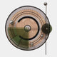 The Circulo Modern Kinetic Metal Wall Art by Giant Sculptures is a circular wall clock with abstract concentric circles, wavy lines, metallic spheres, green-tinted sections, and central hands with an extending rod for industrial decor appeal.