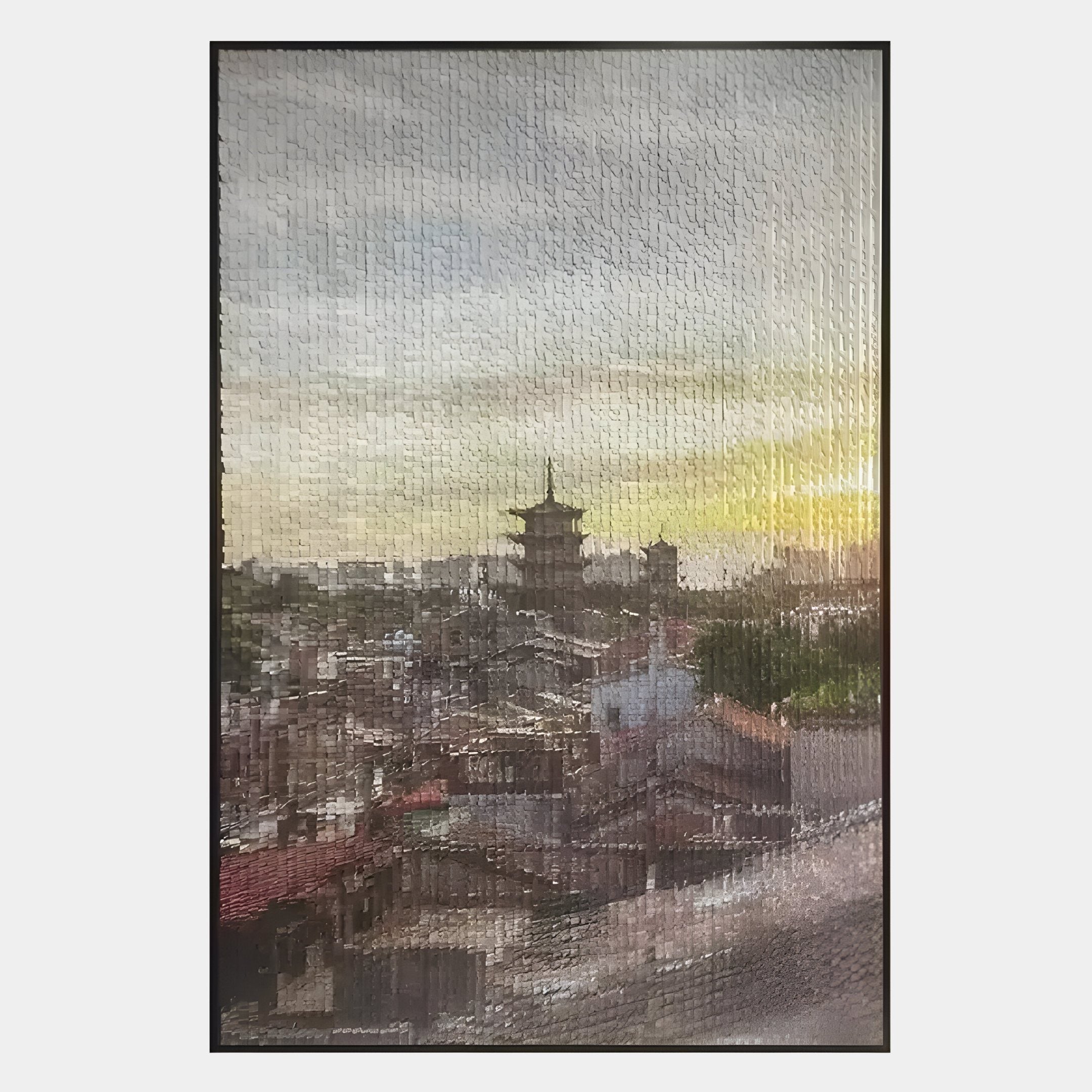 Bring luxury to your space with Giant Sculptures Vista Sunset Urban Landscape Carving Wall Art—a cityscape at sunset with a pagoda tower, seen through a rain-soaked window, beautifully blurring buildings and sky.