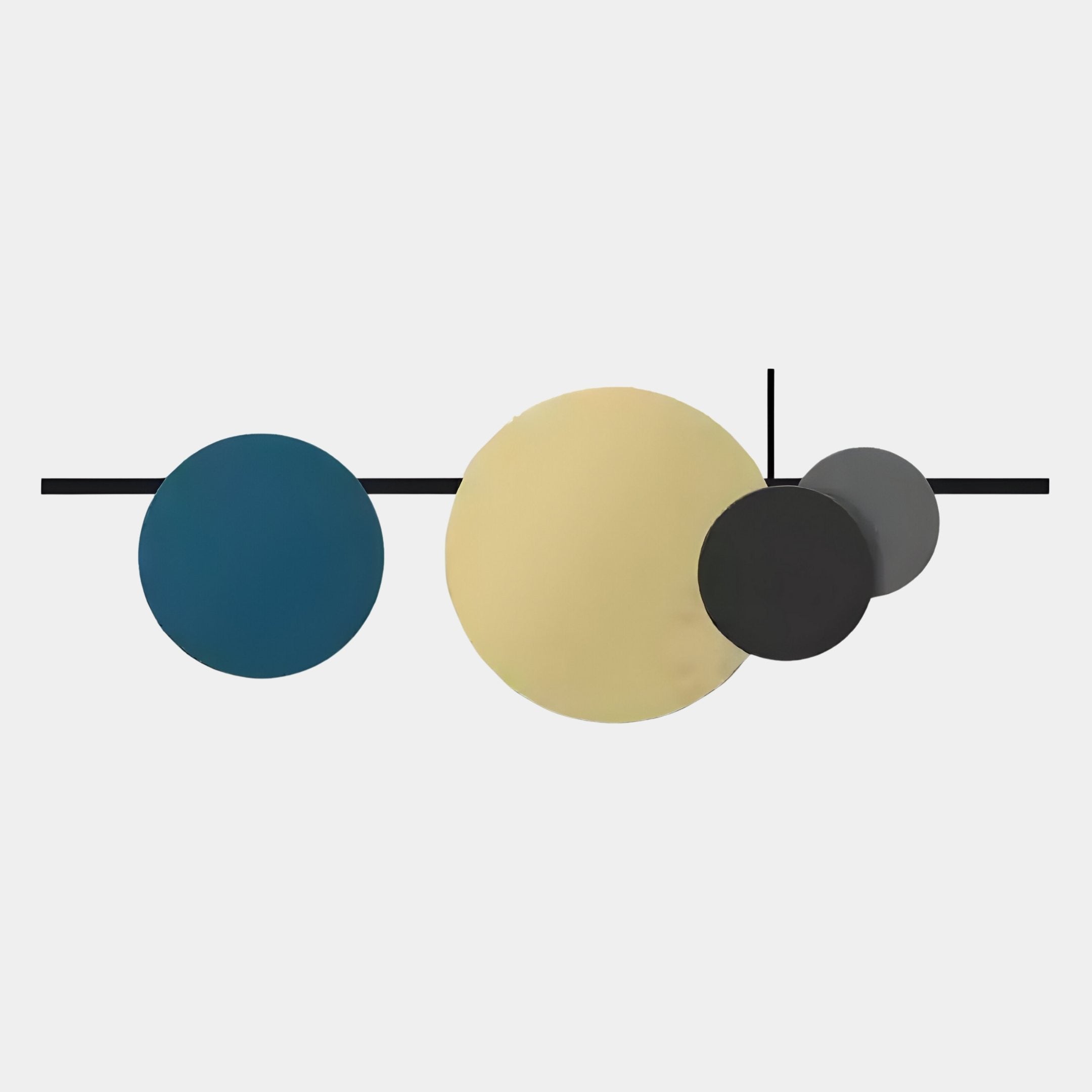 Orbit I Dynamic Flow Multicoloured Circular Wall Art by Giant Sculptures features five overlapping blue, yellow, black, and gray circles with intersecting black lines on white—a minimalist piece ideal for striking modern interiors.