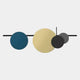 Orbit I Dynamic Flow Multicoloured Circular Wall Art by Giant Sculptures features five overlapping blue, yellow, black, and gray circles with intersecting black lines on white—a minimalist piece ideal for striking modern interiors.