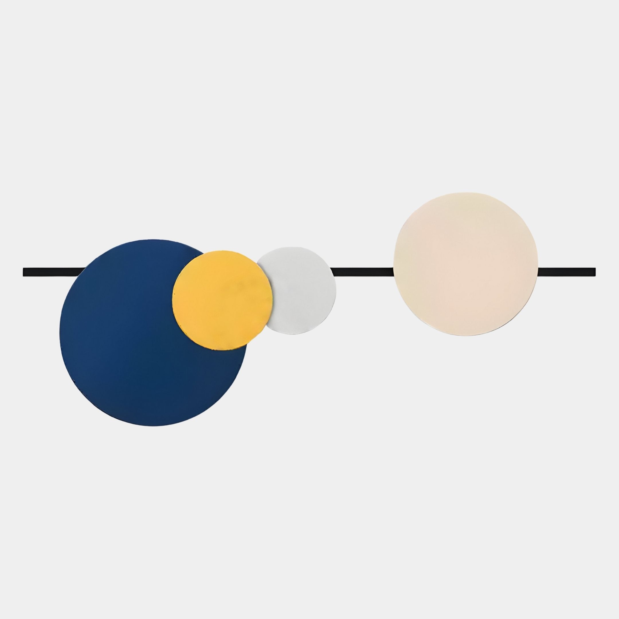 The Orbit I Radiant Balance Multicoloured Circular Wall Art by Giant Sculptures features four overlapping circles in navy blue, yellow, light gray, and beige along a thin black line for a modern minimalist geometric decor.