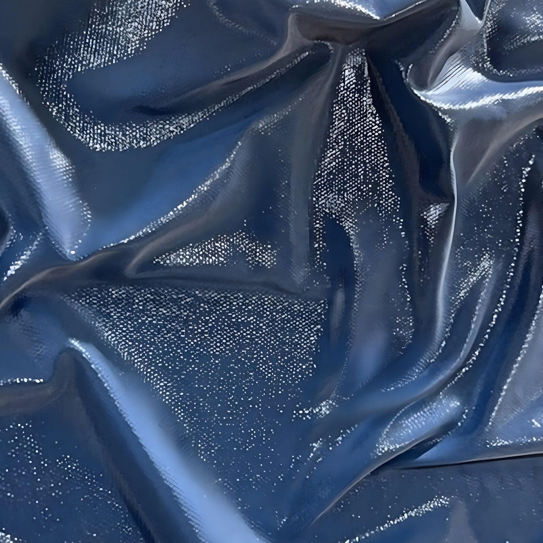 Close-up of Plisse Midnight Blue fabric by Giant Sculptures, showcasing its silky texture, deep folds, and glossy reflections. This adds a modern aesthetic vibe to any space—ideal for fans of textured abstract wall art.