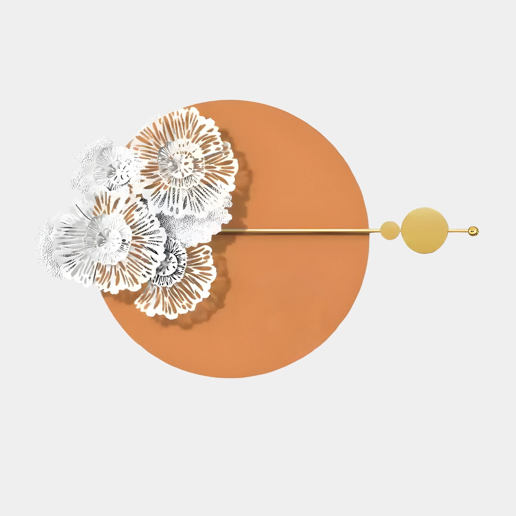 The Blossom Halo Terracotta Round Floral Decorative Wall Art by Giant Sculptures features a minimalist design with an orange circle, white floral patterns on the left, a thin gold line intersecting horizontally and connecting two smaller gold circles on the right, set against a light grey background.