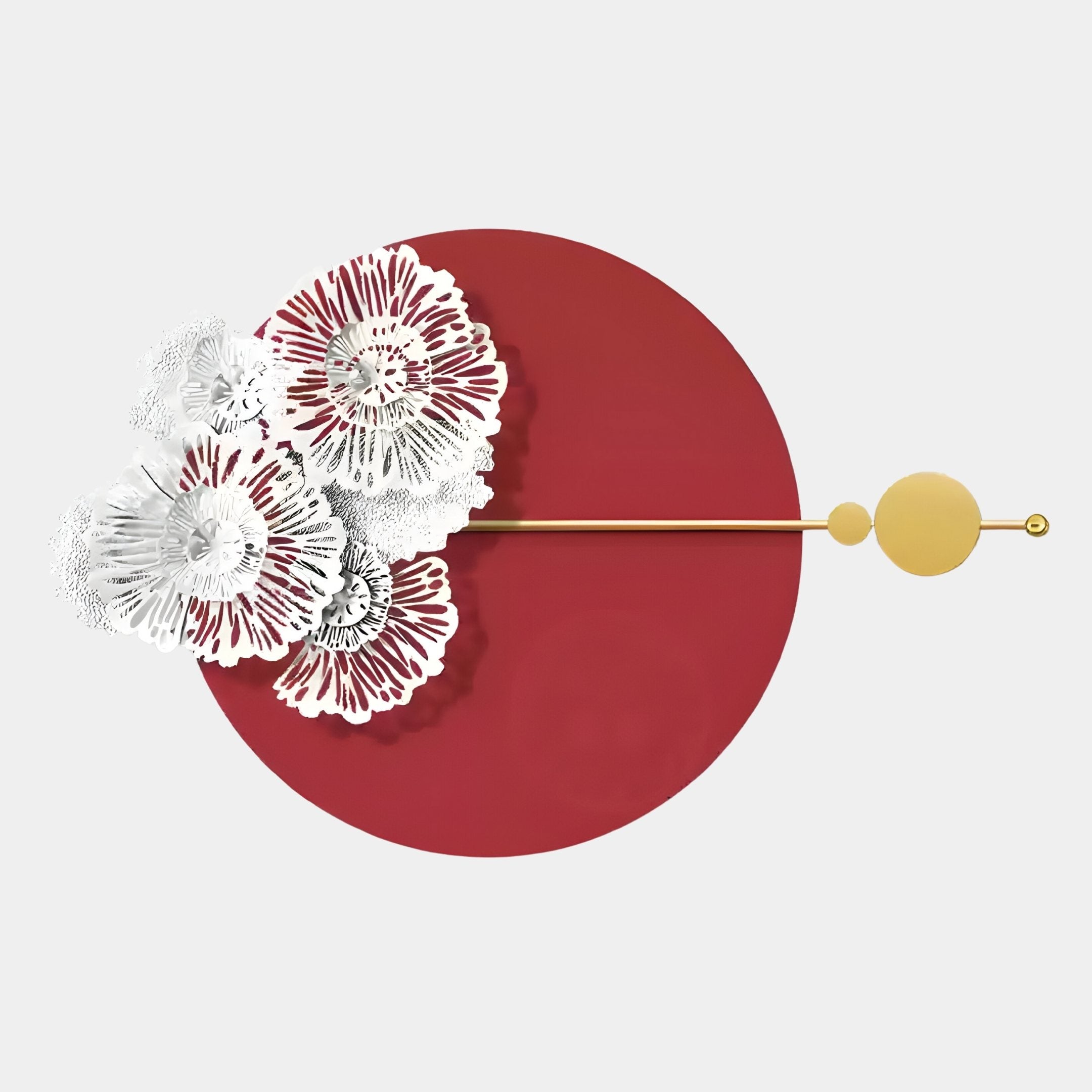 Blossom Halo Red Round Floral Decorative Wall Art by Giant Sculptures features a gold rod with round ends crossing a red circle embellished with white and silver floral patterns—an eye-catching piece for modern spaces, set on a plain light background.