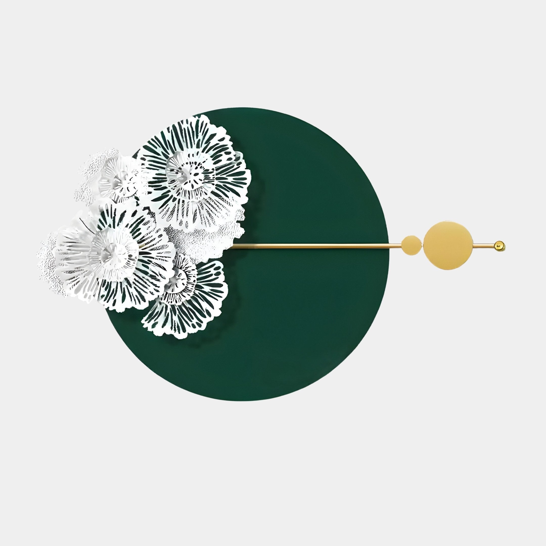 The Blossom Halo Forest Green Round Floral Decorative Wall Art by Giant Sculptures features intricate white floral patterns on the left against a forest green circular backdrop, with a thin gold rod horizontally and two gold circles on the right, perfect for modern interiors.