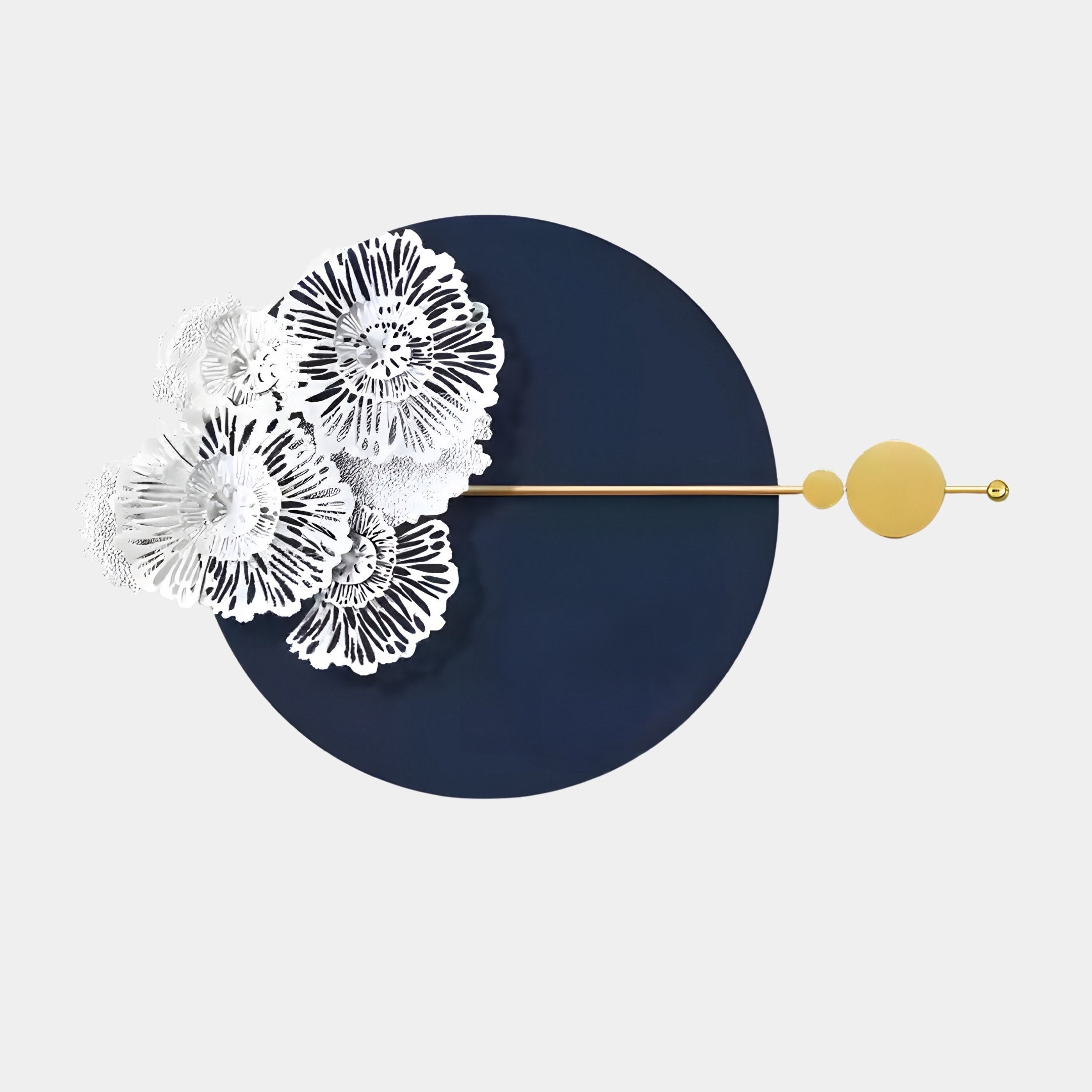 Giant Sculptures Blossom Halo Midnight Blue Round Floral Decorative Wall Art features white flowers on a midnight blue round background, with a golden rod extending to a small circle—ideal for modern interiors.