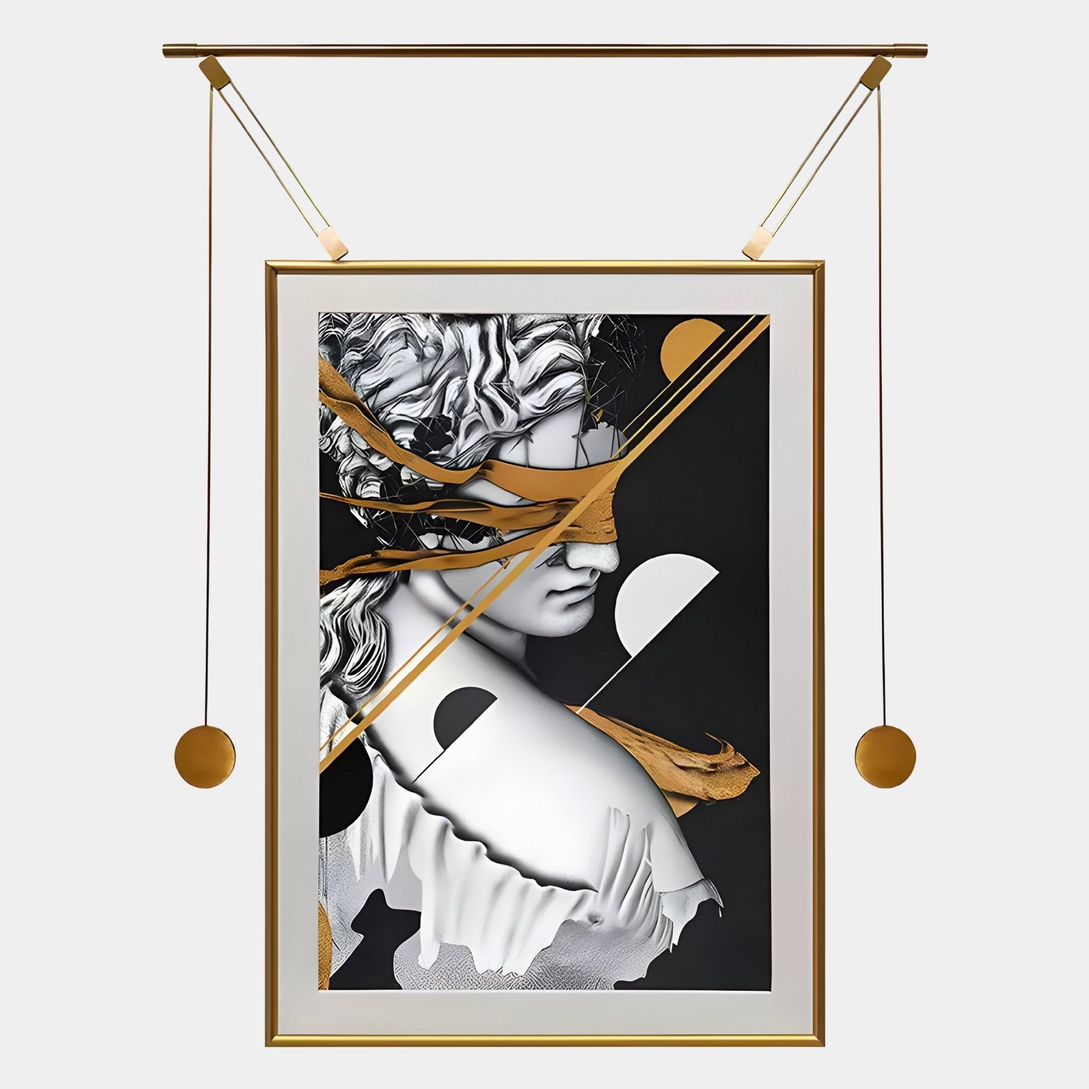 The Eterna Classics Athena Replica Portrait Golden Frame Wall Art by Giant Sculptures features a framed Athena bust partially veiled by gold and black streaks, suspended on a modern gold hanging system for a touch of contemporary elegance.