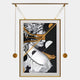 The Eterna Classics Athena Replica Portrait Golden Frame Wall Art by Giant Sculptures features a framed Athena bust partially veiled by gold and black streaks, suspended on a modern gold hanging system for a touch of contemporary elegance.